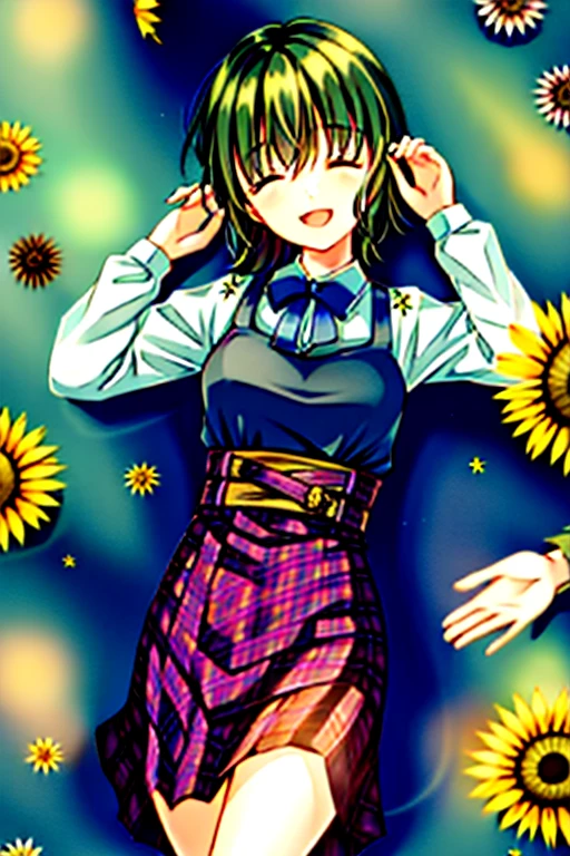 masterpiece, best quality, absurdres, perfect antomy, 1girl, solo, PascalTales, short hair, beautiful, cheerful, sunny day, botanical garden, summer breeze, sundress, floral pattern, wavy hair, smiling