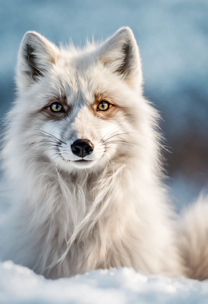 Majestic Arctic Fox: (masterpiece, National Geographic photography award winner, extremely detailed fur, 8K HD:1.4), an arctic fox with thick white fur and black paws, sitting on snowy tundra, sparkling powder cascading, pure white landscape, bright blue sky, soft peach sunset glow reflecting off the snow, fox staring intensely with bright yellow eyes, intricate snowflakes delicately falling, mouth slightly open with pink tongue visible, fur flowing gracefully in a cold arctic wind, microscopic details in fur fibers, extremely sharp focus, photorealistic, photographic masterpiece, aesthetic