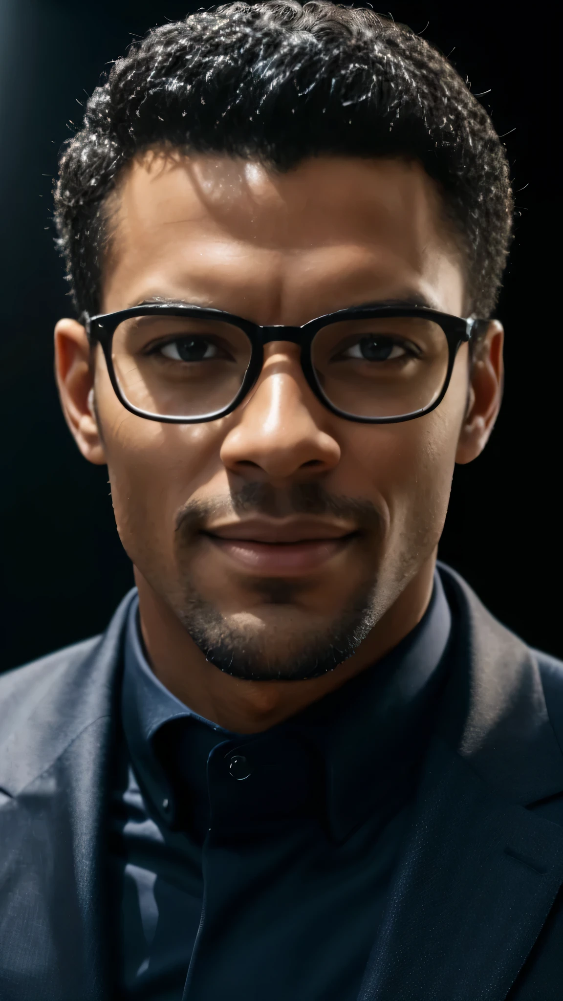 Hyperrealistic close-up photo by Regé Jean Page, chef-d'artwork, best quality, (Photorealistic:1.4), portrait en gros plan, (costume bleu marine et lunettes:1.1), curly black haircut, poser dans un studio professionnel, Day light, neon lights, Cinematic light, bel homme, muscle, sourire ironique, corps parfait, detailed face, regardant droit vers la caméra, photo prise de loin