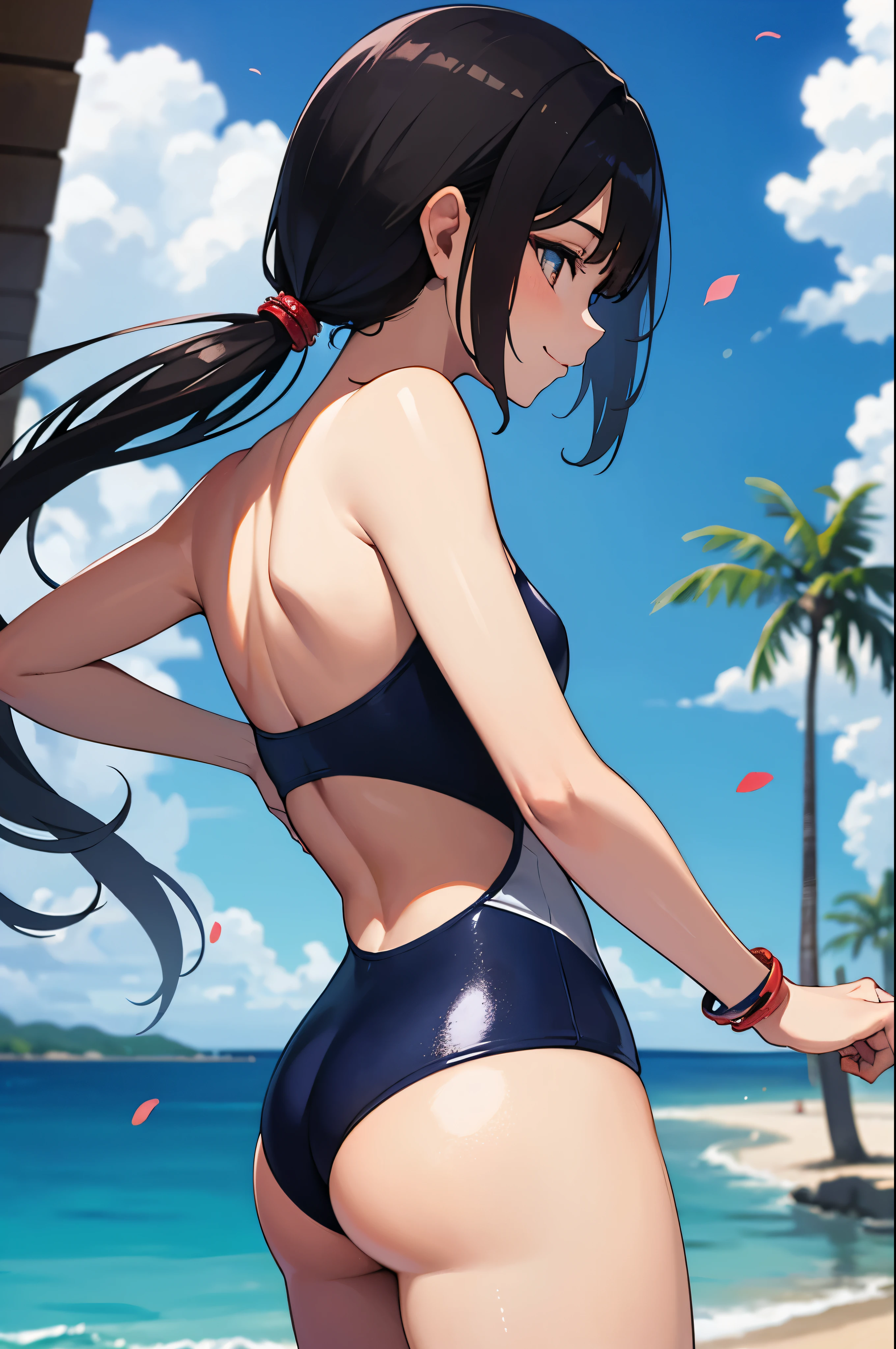 (masterpiece, highest quality, 8K ultra-high resolution:1.4), (tropical, beach side, flowers: 1.4), Depth of the bounds written, cinematic focus, Emotional composition, (from behind, from below, look back, beautiful hips:1.3)
BREAK cute girl, slender body, flat chest, A provocative and loving expression, highly detailed shiny skin, Dark blue one-piece swimsuit, (Wet and shiny detailed swimsuit: 1.2), Wet and shiny thighs, perfect beautiful hips
BREAK
(realistic: 1.2), beautiful ponytail hair, Wind, detailed in the Wind, petals dancing in the Wind
BREAK
ultra detailed crystal eyes, red jewel eyes