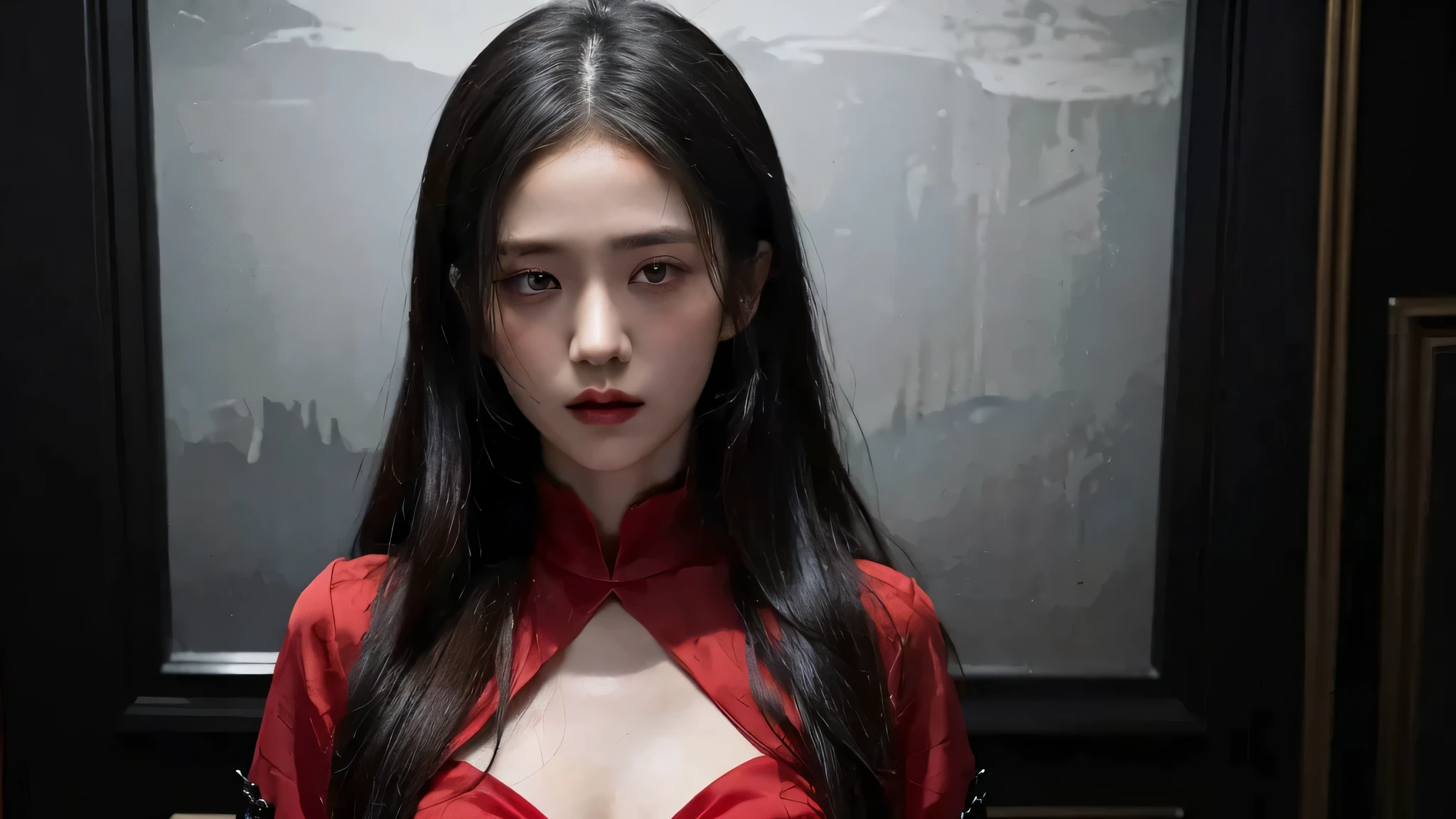 (best quality, highres:1.2, detailed-face, detailed eyes, detailed, mouth, perfect face, masterpiece), realistic, red dress, black hair, black eyes, asian face, red theme, hell fire room background, red princess, intense gaze, intense style, elegant posture, flowing dress, detailed facial features, long eyelashes, contrast, fine details, dramatic atmosphere, gothic style, intense emotions, monochrome color palette, captivating setting, haunting beauty, artistic photography, everything is red