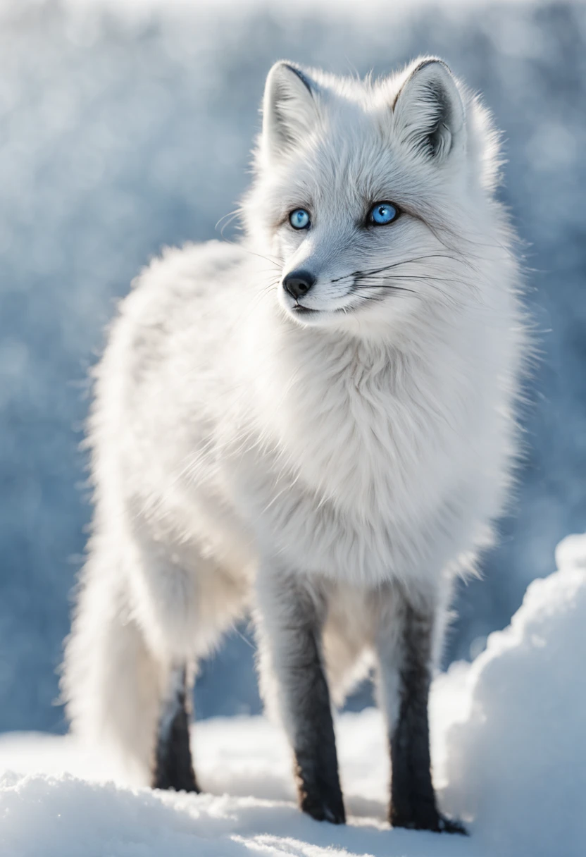 Majestic Arctic Fox in Winter Wonderland: (sapphire-eyed:1.3) (Arctic fox:1.5), with (luxuriant white fur:1.2) reflecting the (crisp sunlight:1.1), nestled in a (snowy enclave:1.2). The fox's (bushy tail:1.3) curls around its body for warmth, as delicate (snowflakes:1.2) descend gently around its poised figure. Behind, the (frozen tundra:1.2) stretches out into the horizon, dotted with (glacial ice formations:1.2) and (snow-covered pine trees:1.1). The scene is bathed in a (pale blue light:1.2) of the arctic dusk, creating an atmosphere of serene (winter majesty:1.3), aesthetic