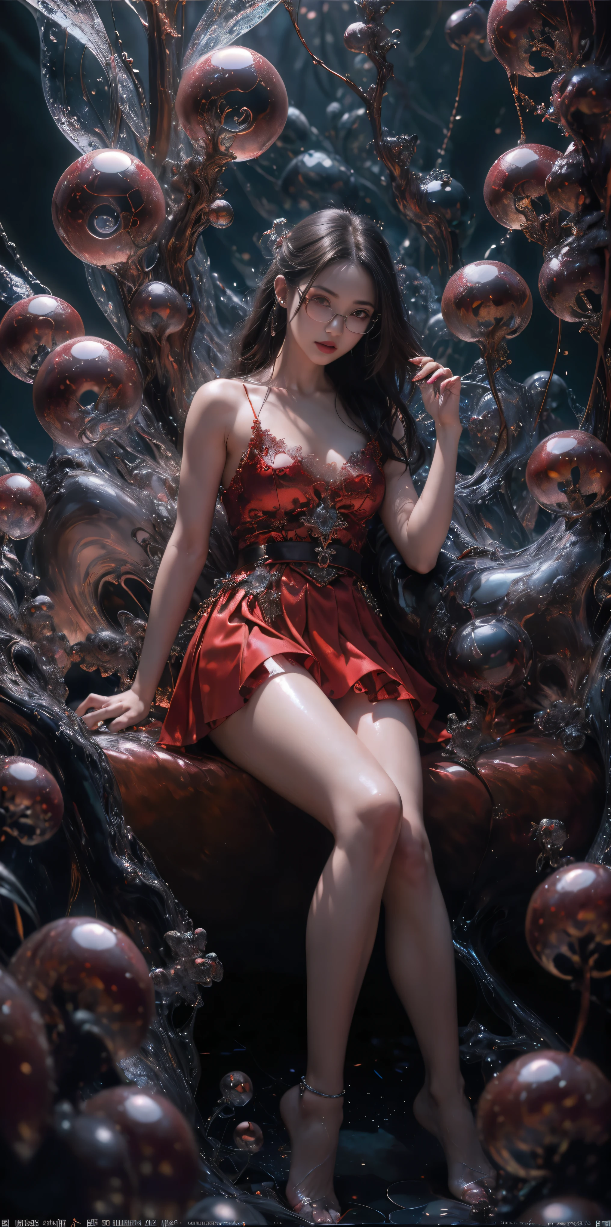 (The best illustrations)、realisitic、ultra-detailliert、The best lighting、Best Shadows、alluring succubus, ethereal beauty, perched on a cloud, (fantasy illustration:1.3), enchanting gaze, captivating pose, delicate wings, otherworldly charm, mystical sky, (Luis Royo:1.2), (Yoshitaka Amano:1.1), Dungeon and Dragon、caves、Dungeon、 A Necromancer、natta、Dark style、Succubus、Devil's Daughter、Bat Wings，(((Demon Hornlack-rimmed round glasses))))、(red eyes glowing:1.6)、​beautiful countenance、Tindall Effect、(High Detail Skins:1.2) absurderes、Ponytail distortion、jewely、Beautiful expression、Toned waist、Wide buttocks、Tindall Effectmasuter piece、top-quality、Highest Standards、Top image quality、masutepiece、intricate detailes、High resolution、Depth Field、natural soft light、profetional lighting、Great smile、(High Detail Skin: 1.2)、photorealistic anime girl render、Strong highlights of the eyes、Perfect Anatomy、crotch open、Shy、Spreading your legs、Panties are visible、Skirt flipping、Body shiny with oilerectile nipple))、8K resolution、intricate clothing、Intricate details