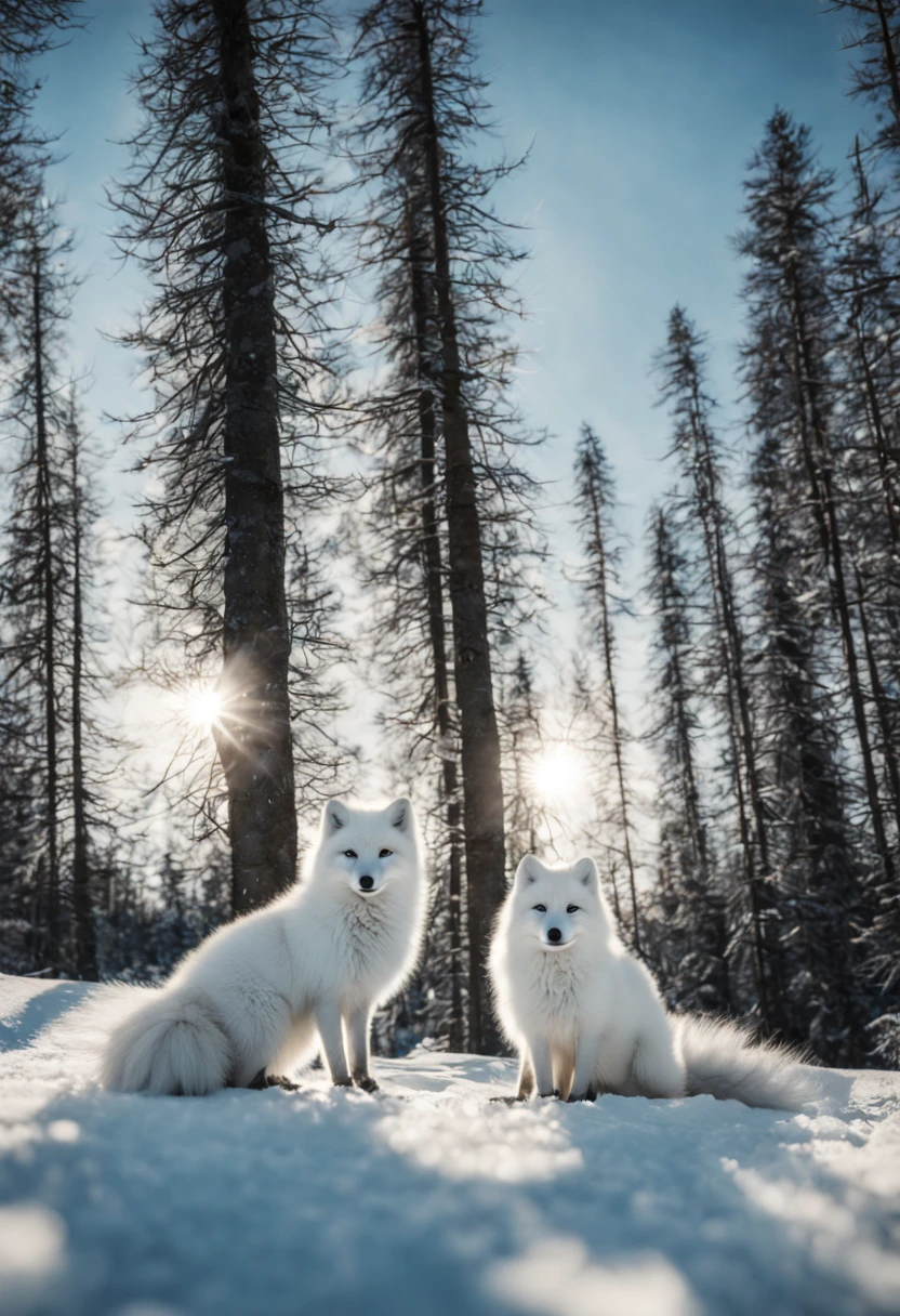 Arctic fox in a snowy tundra, pristine white fur blending with the environment, ice blue eyes, delicate paws leaving soft imprints on freshly fallen snow, Northern Lights (Aurora Borealis) gleaming in the background with hues of green and purple, isolated, serene, by Greg Rutkowski, ultra-realistic fur texture, 4k resolution, digital art, aesthetic