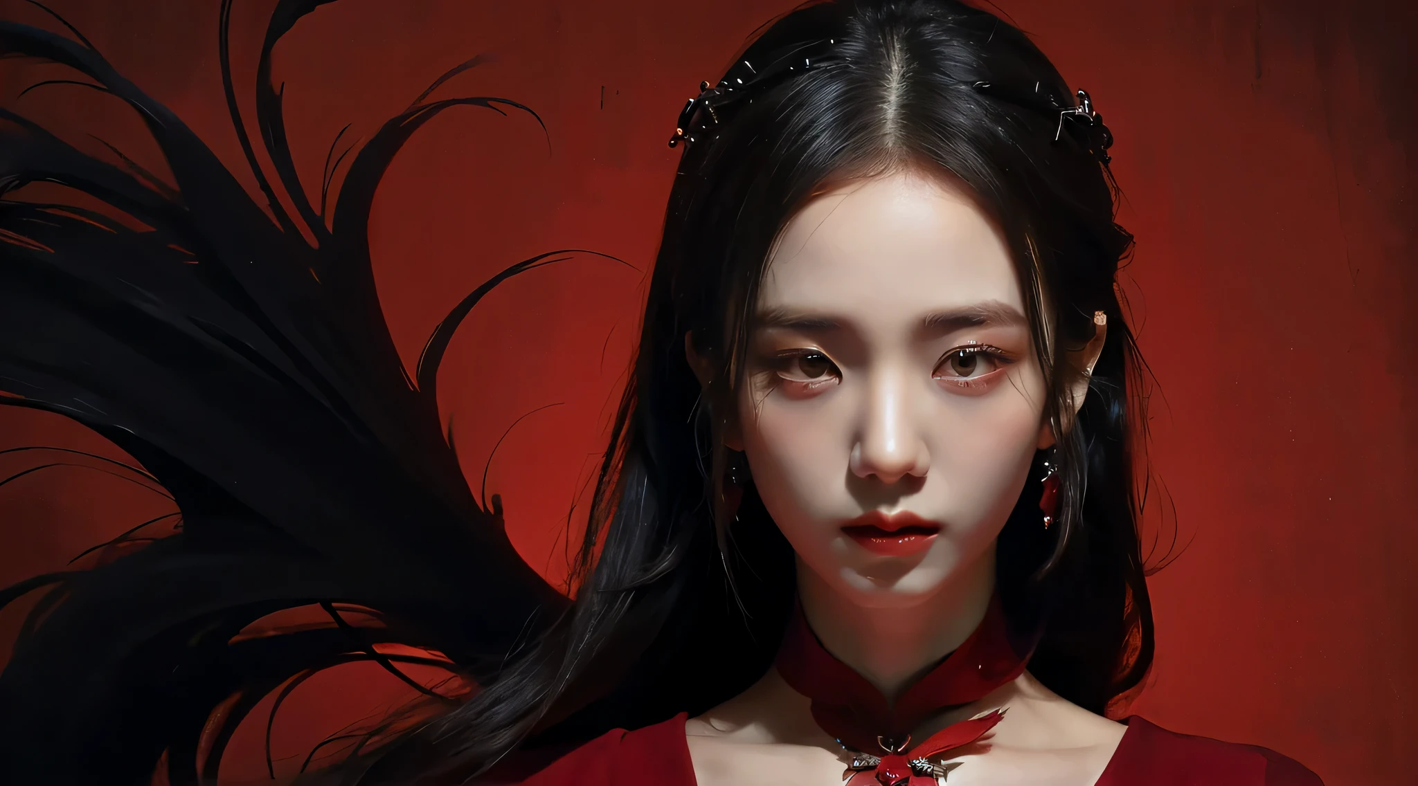 Arafed image of a woman with long black hair and a red dress - SeaArt AI