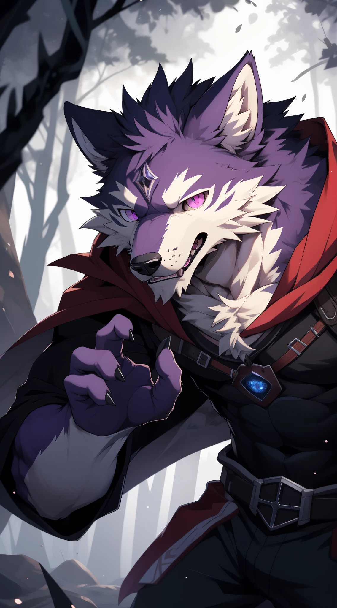 epic fantasy，fantasy warlock, soft lines，perfect lighting，Gorgeous dodge gesture，Exquisite composition，Gorgeous，super detailed，mage，The eyes are sinister，There is a hollow white diamond pattern on the forehead，pink purple eyes，hairy，purple fur，purple fur，people(Wolf)，male，19-year-old boy，purple body，white belly，Strong and lean body，mage服装，gray long cloak, super detailed face, (delicate eyes), (The background is a vast forest scene:0.5), light particles, (best quality), (masterpiece), high detail, high quality, Award-winning, high resolution, HD, 16k
