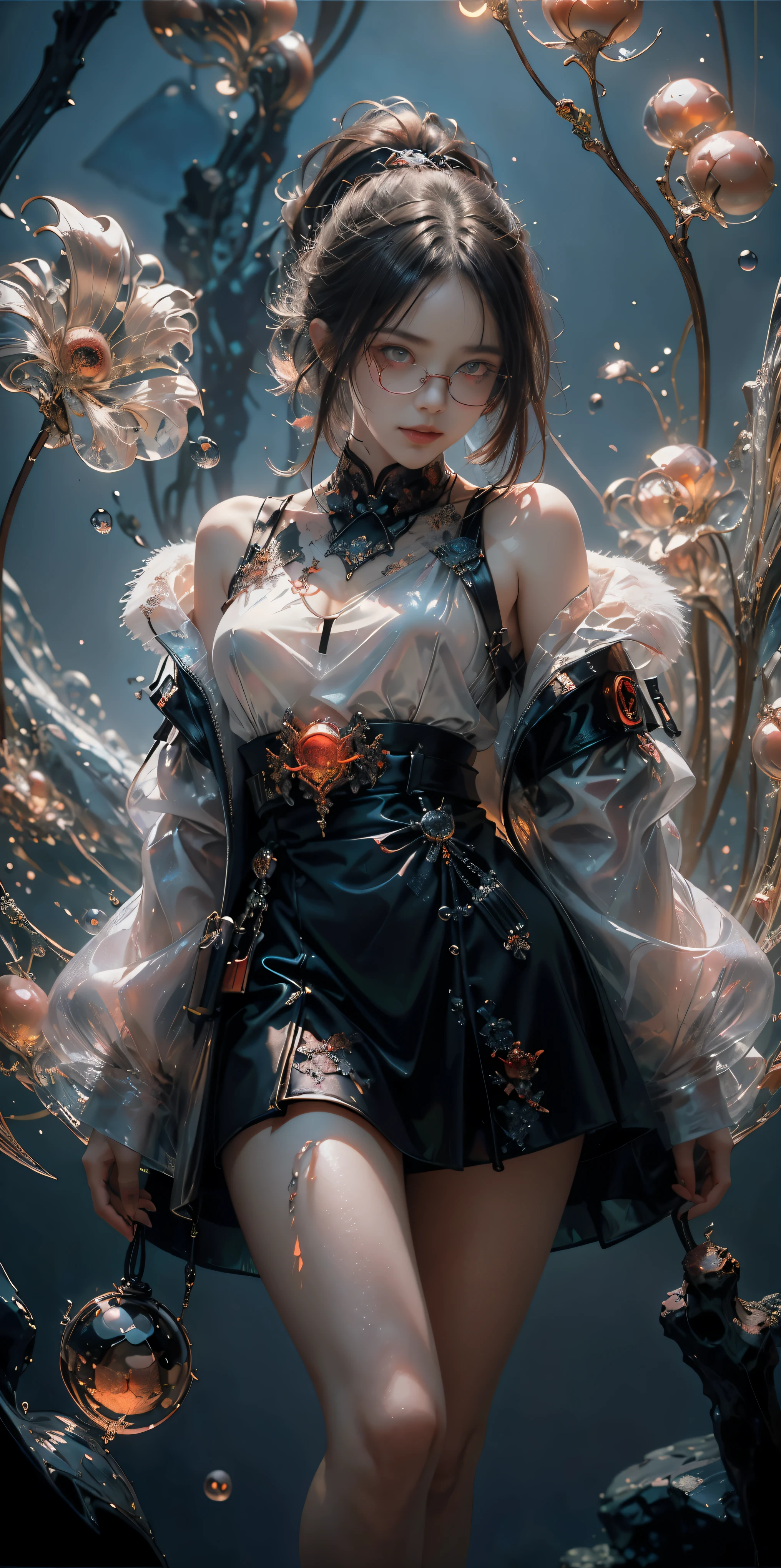 (The best illustrations)、realisitic、ultra-detailliert、The best lighting、Best Shadows、alluring succubus, ethereal beauty, perched on a cloud, (fantasy illustration:1.3), enchanting gaze, captivating pose, delicate wings, otherworldly charm, mystical sky, (Luis Royo:1.2), (Yoshitaka Amano:1.1), Dungeon and Dragon、caves、Dungeon、 A Necromancer、natta、Dark style、Succubus、Devil's Daughter、Bat Wings，(((Demon Hornlack-rimmed round glasses))))、(red eyes glowing:1.6)、​beautiful countenance、Tindall Effect、(High Detail Skins:1.2) absurderes、Ponytail distortion、jewely、Beautiful expression、Toned waist、Wide buttocks、Tindall Effectmasuter piece、top-quality、Highest Standards、Top image quality、masutepiece、intricate detailes、High resolution、Depth Field、natural soft light、profetional lighting、Great smile、(High Detail Skin: 1.2)、photorealistic anime girl render、Strong highlights of the eyes、Perfect Anatomy、crotch open、Shy、Spreading your legs、Panties are visible、Skirt flipping、Body shiny with oilerectile nipple))、8K resolution、intricate clothing、Intricate details