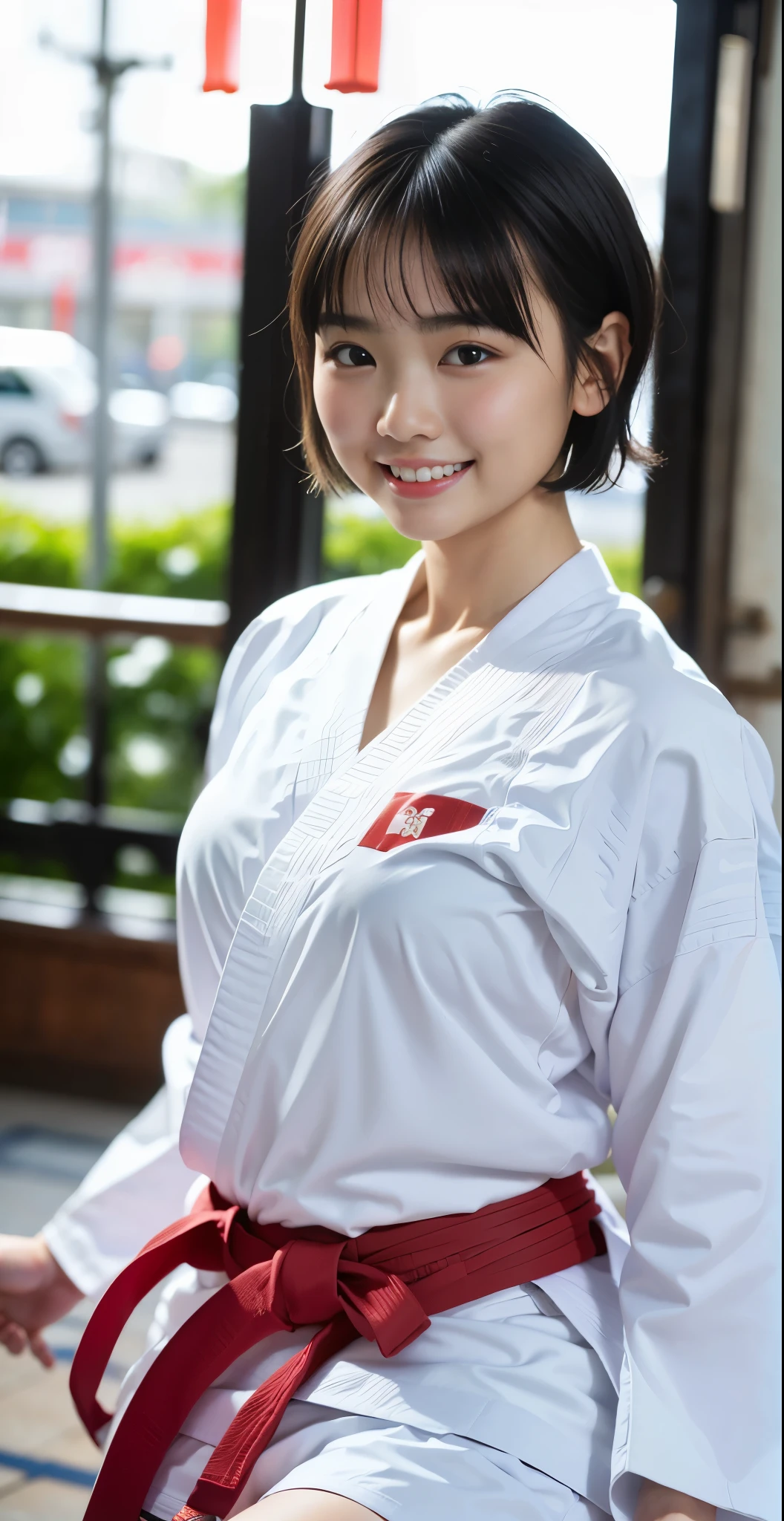 （8k、Raw photography、highest quality、masterpiece：1.2),(black haired、very short hair:1.8),show viewer,Looking at the front,erotic,白いskin,(wearing a karate kimono:1.7)、(dojo)、(Clothing that emphasizes the shape of your chest、publish one&#39;skin:1.6)、(big :1.0)、slim body shape、ultra high resolution,beautiful,beautiful fece,(alone, alone、no background:1.9),whole bodyボディー,japanese woman,（Photoreal：1.37）、photon mapping,reality、(Baby-faced and cute: 1.4)、(cute smile: 1.7)、(With a round face: 1.9)、radio city、Physically based rendering、depth of field rally background、photograph, (I can see your knees,close up of thighs:1.4),whole body、super fine