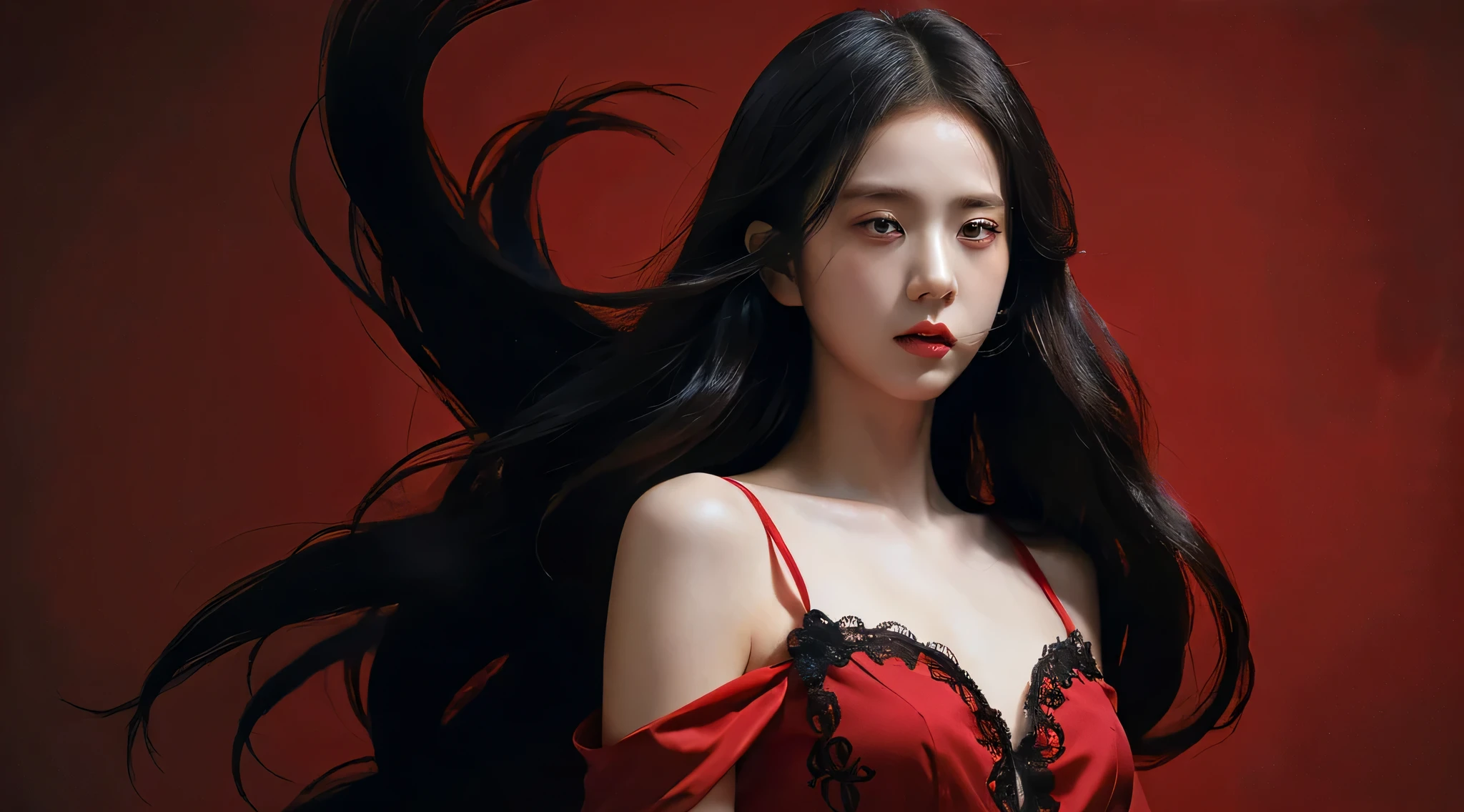 (best quality, highres:1.2, detailed-face, detailed eyes, detailed, mouth, perfect face, masterpiece), realistic, red dress, black hair, black eyes, asian face, red theme, hell fire room background, red princess, intense gaze, intense style, elegant posture, flowing dress, detailed facial features, long eyelashes, contrast, fine details, dramatic atmosphere, gothic style, intense emotions, monochrome color palette, captivating setting, haunting beauty, artistic photography, everything is red