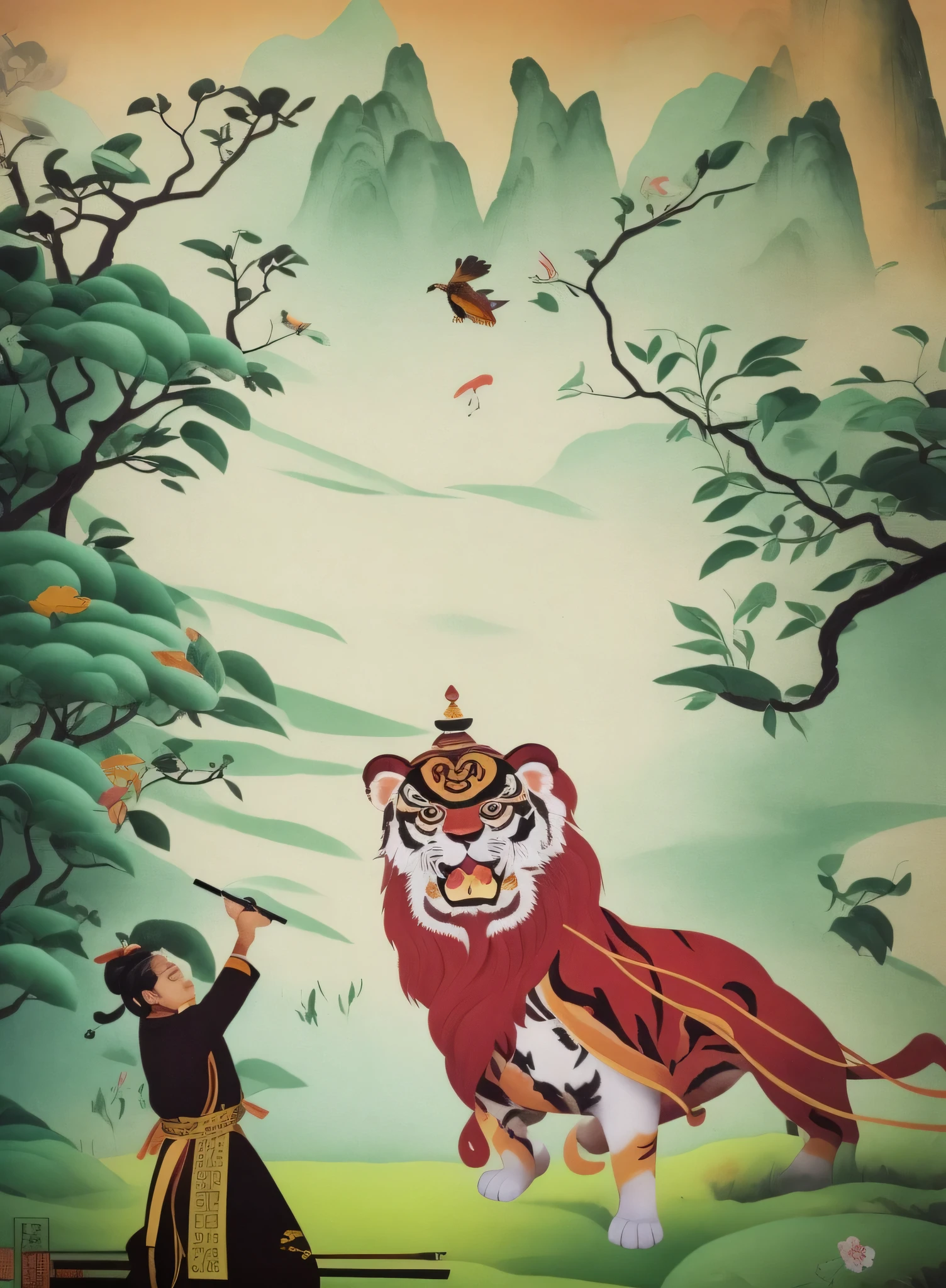 painting of a man and a tiger in a forest with a bird, inspired by Gao Kegong, traditional painting, inspired by Shen Shichong, chinese surrealism, inspired by Luo Mu, inspired by Kanō Motonobu, chinese style painting, traditional chinese art, inspired by Wu Bin, old chines painting, onmyoji detailed art
