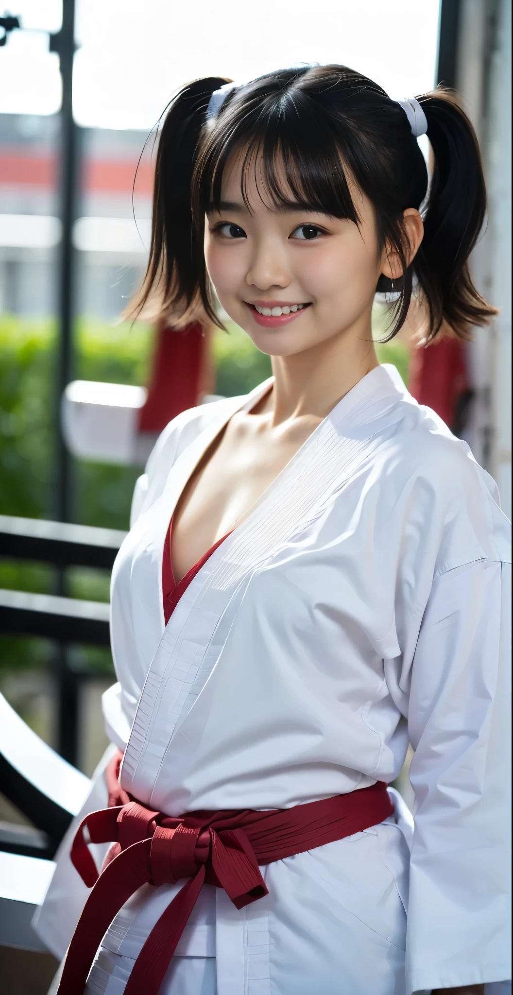 （8k、Raw photography、highest quality、masterpiece：1.2),(black haired、very short hair:1.8),(short twin tails:1.4)、show viewer,Looking at the front,erotic,(wearing a karate kimono:1.7)、(dojo)、(Clothing that emphasizes the shape of your chest、expose one&#39;s skin:1.8)、(big breasts:1.4)、slim body shape、ultra high resolution,beautiful,beautiful fece,(alone, alone、no background:1.9),whole bodyボディー,japanese woman,（Photoreal：1.37）、photon mapping,reality、(Baby-faced and cute: 1.4)、(cute smile: 1.7)、(With a round face: 1.9)、radio city、Physically based rendering、depth of field rally background、photograph, (I can see your knees,close up of thighs:1.6),(whole body:1.5)、super fine