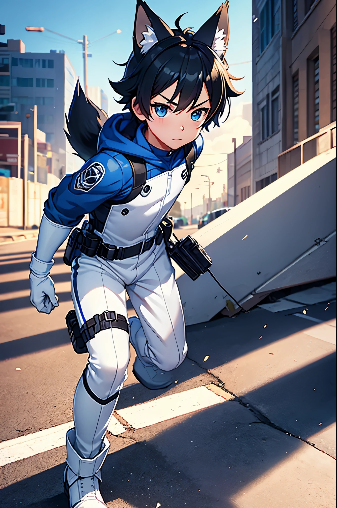 Game CG,4K quality,((young boy)),Youthful feeling,anime hero,wolf ears,(Tactical communication goggles),full body portrait,blue bodysuit, young hero, White gloves, white boots, street background