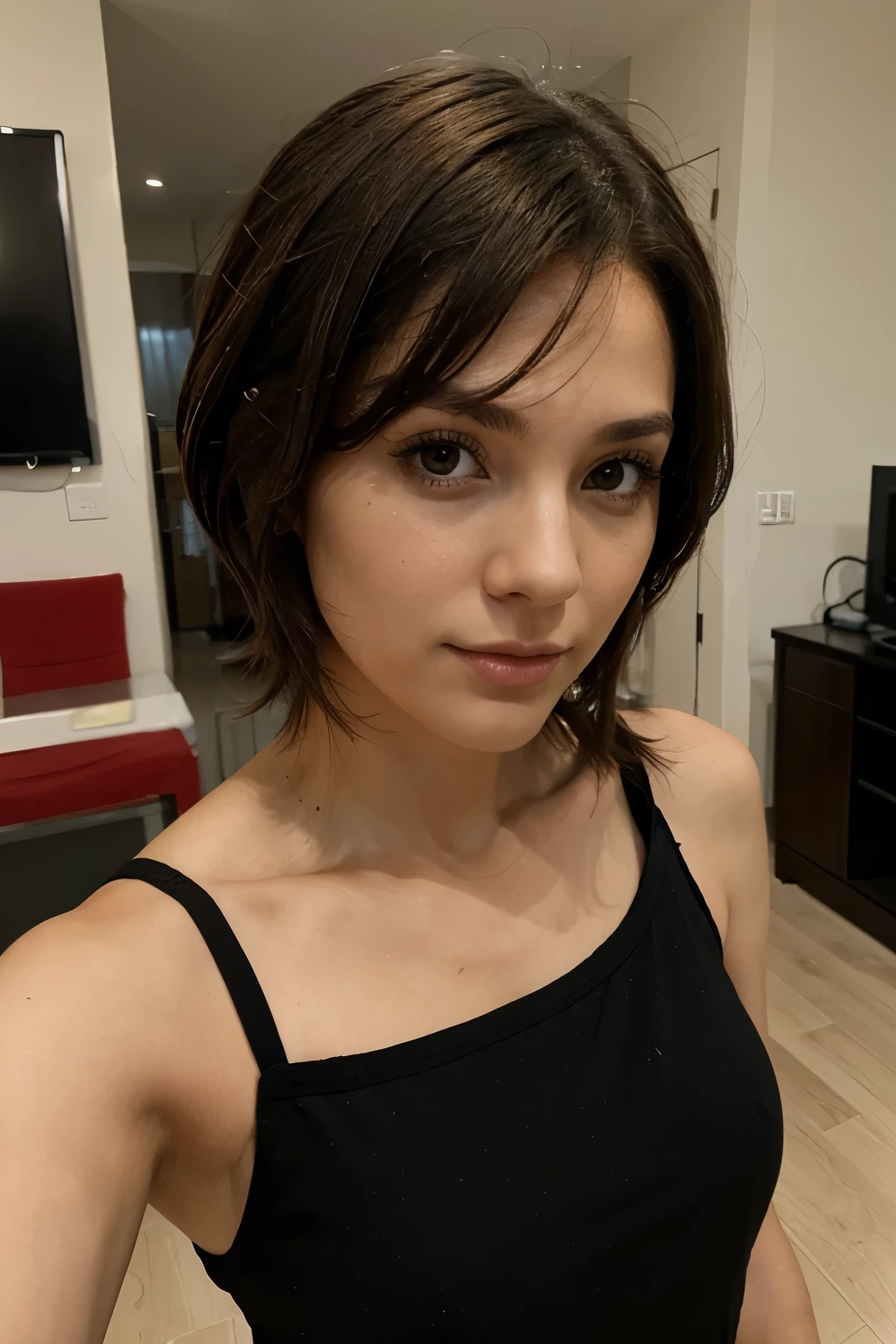 (obra maestra: 1.2, Masterpiece: 1.2, Superior Quality), Realistic, (Realistic Picture, Complex Details, Depth of Field, Superior Quality, Masterpiece), Highly Detailed, 1 Girl, 21 years old, Brown hair, tetas grandes copa E, Short hair reaching shoulders, Gray eyes, selfie, mirando a la camara mordiendo un labio