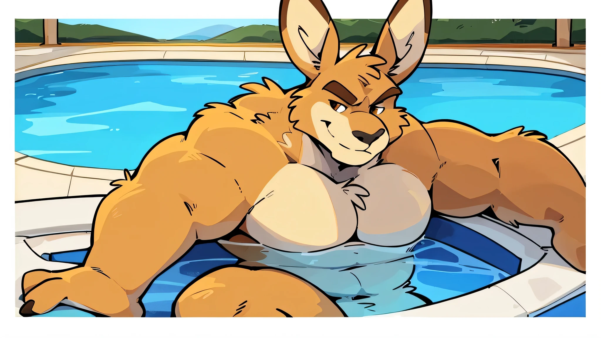 (by haps), anthro, kangaroo, pool, sitting in the water at the edge of the pool, posing for camera, muscular chunky, brown eyes, large pecs and abs, smirking at viewer, wide shoulders, large torso, penis and balls, smirking and staring at viewer, masterpiece, detailed face
