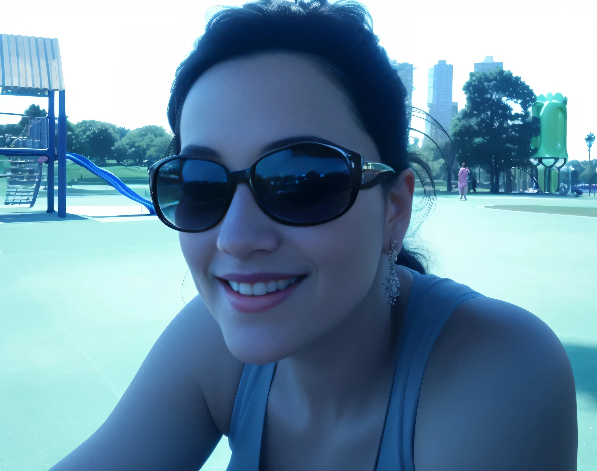 sorridente woman wearing sunglasses sitting em um parque with a playground in the background, no Parque on a lindo day, no Parque, with a estacionar ao fundo, estacionar ao fundo, em um parque, com um parque nas costas, no Parque, nada borrado , with sunglasses, selfie taken directly at an angle, photo from behind. Mulher com pele branca e cabelos escuros. Ela tem cerca de 45 anos. Her pink lips, seus olhos castanhos escuros, grande e charmoso. corpo esguio, cintura fina. Your body exudes glamor and your face is the definition of beauty. altamente realista, lindo, pink lips, pink lipstick, sorridente, feeling of lightness and joy, pele muito elaborada. foto clara, alta qualidade, high resolution, obra de arte, 8K.