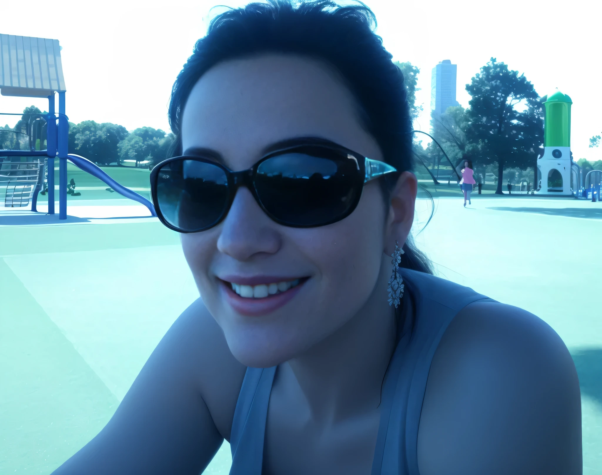 sorridente woman wearing sunglasses sitting em um parque with a playground in the background, no Parque on a lindo day, no Parque, with a estacionar ao fundo, estacionar ao fundo, em um parque, com um parque nas costas, no Parque, nada borrado , with sunglasses, selfie taken directly at an angle, photo from behind. Mulher com pele branca e cabelos escuros. Ela tem cerca de 45 anos. Her pink lips, seus olhos castanhos escuros, grande e charmoso. corpo esguio, cintura fina. Your body exudes glamor and your face is the definition of beauty. altamente realista, lindo, pink lips, pink lipstick, sorridente, feeling of lightness and joy, pele muito elaborada. foto clara, alta qualidade, high resolution, obra de arte, 8K.