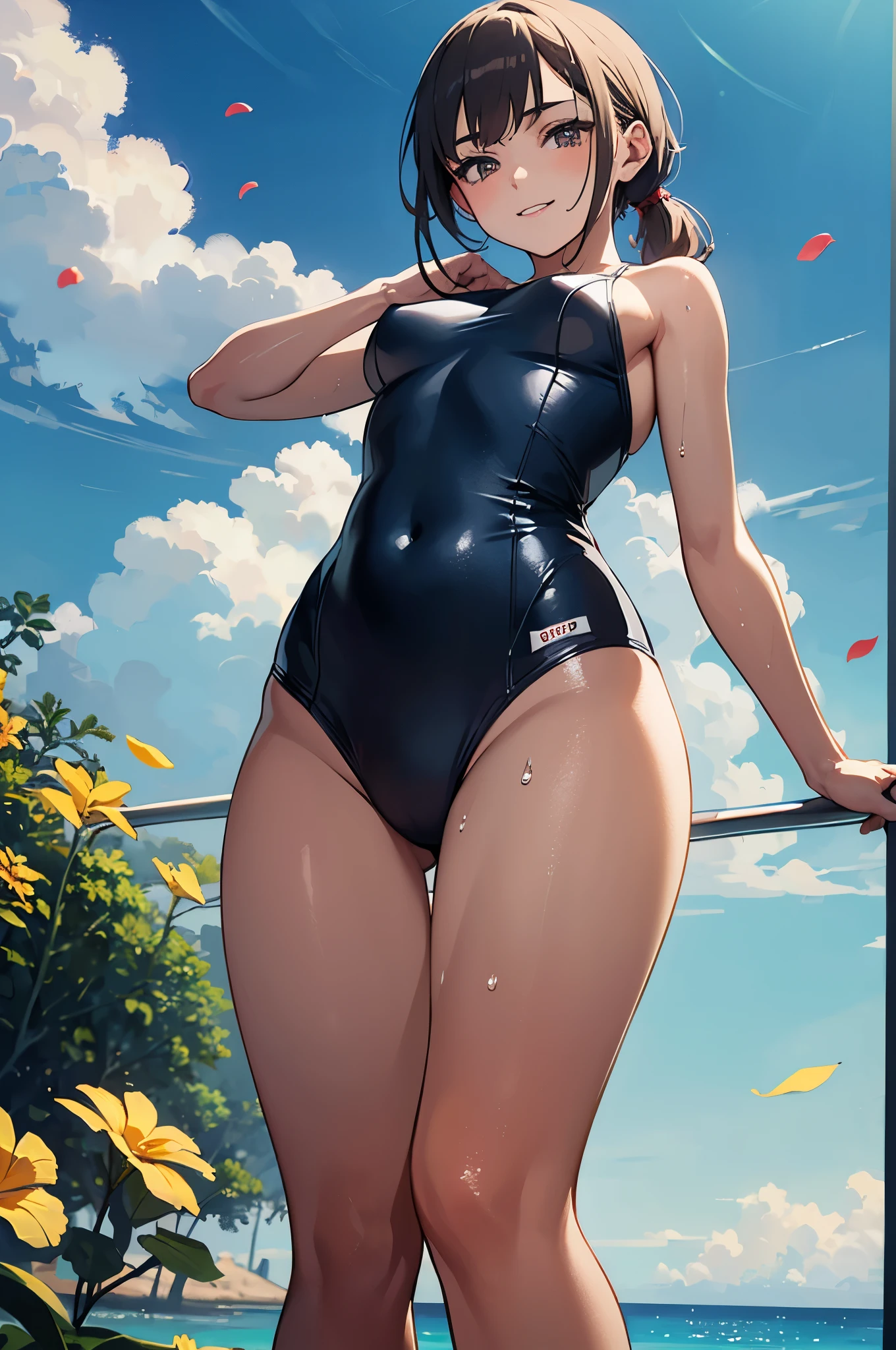 (masterpiece, best quality, 8k ultra high resolution:1.4), (Tropical, Beachside, Flowers: 1.4), depth of field, cinematic focus, emotional composition, (from below:1.3)
BREAK
young kawaii girl, slender body, flat chest, provocative and smirk and love face expression, ultra detailed shiny skin, dark blue one-piece swimsuit, (wet and shiny detailed swimsuits: 1.2), wet and shiny thighs, (perfect beautiful hip line: 1.2)
BREAK
(realistic: 1.2), beautiful pony-tail hair, wind, detailed in the wind, petals dancing in the wind
BREAK
ultra detailed crystal eyes, bright red jewelry eyes