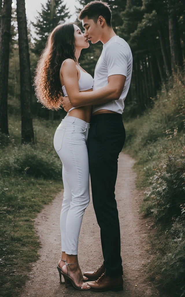 highly detailed ,8k , highest quality, (original photo:1.5),((male and female couple:1.3))、((standing:1.5))、(Boy kisses girl:1.2)、(boy wearing pants、muscular boy、abdominal muscles:1.6)、(The girl is wearing a tight top、huge breasts、Long curly hair、Perfect body、slender legs、Sexy high heels:1.2)kiss,night, mountain forest,riverside,