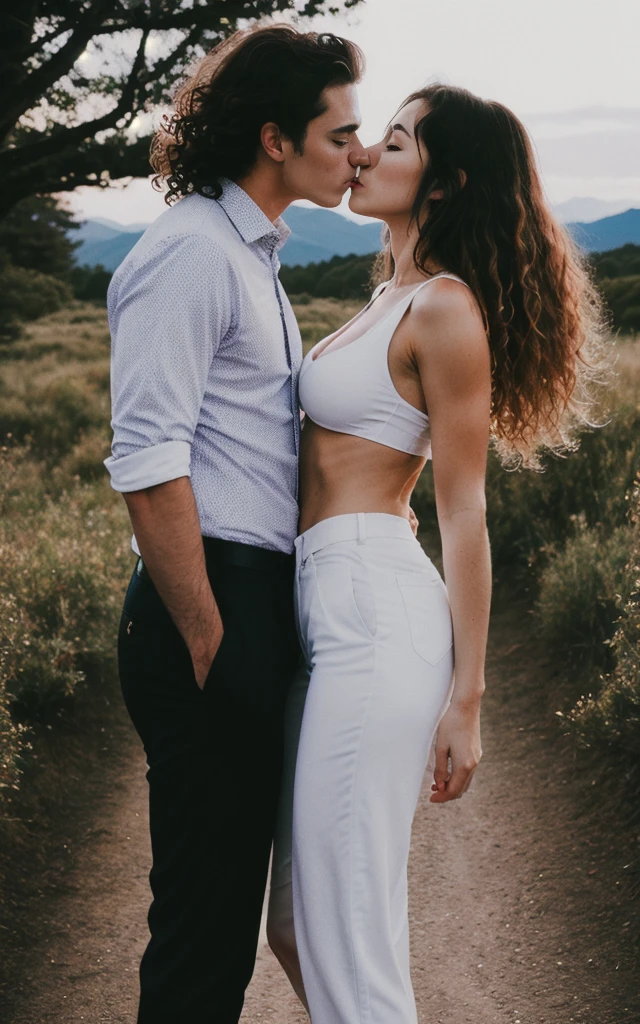 highly detailed ，8k , highest quality, （original photo：1.5），((male and female couple:1.3))、((standing:1.5))、（Boy kisses girl：1.2）、（boy wearing pants、muscular boy、abdominal muscles：1.6）、（The girl is wearing a tight top、huge breasts、Long curly hair、Perfect body、slender legs、Sexy high heels：1.2）kiss，night, mountain forest，riverside, 