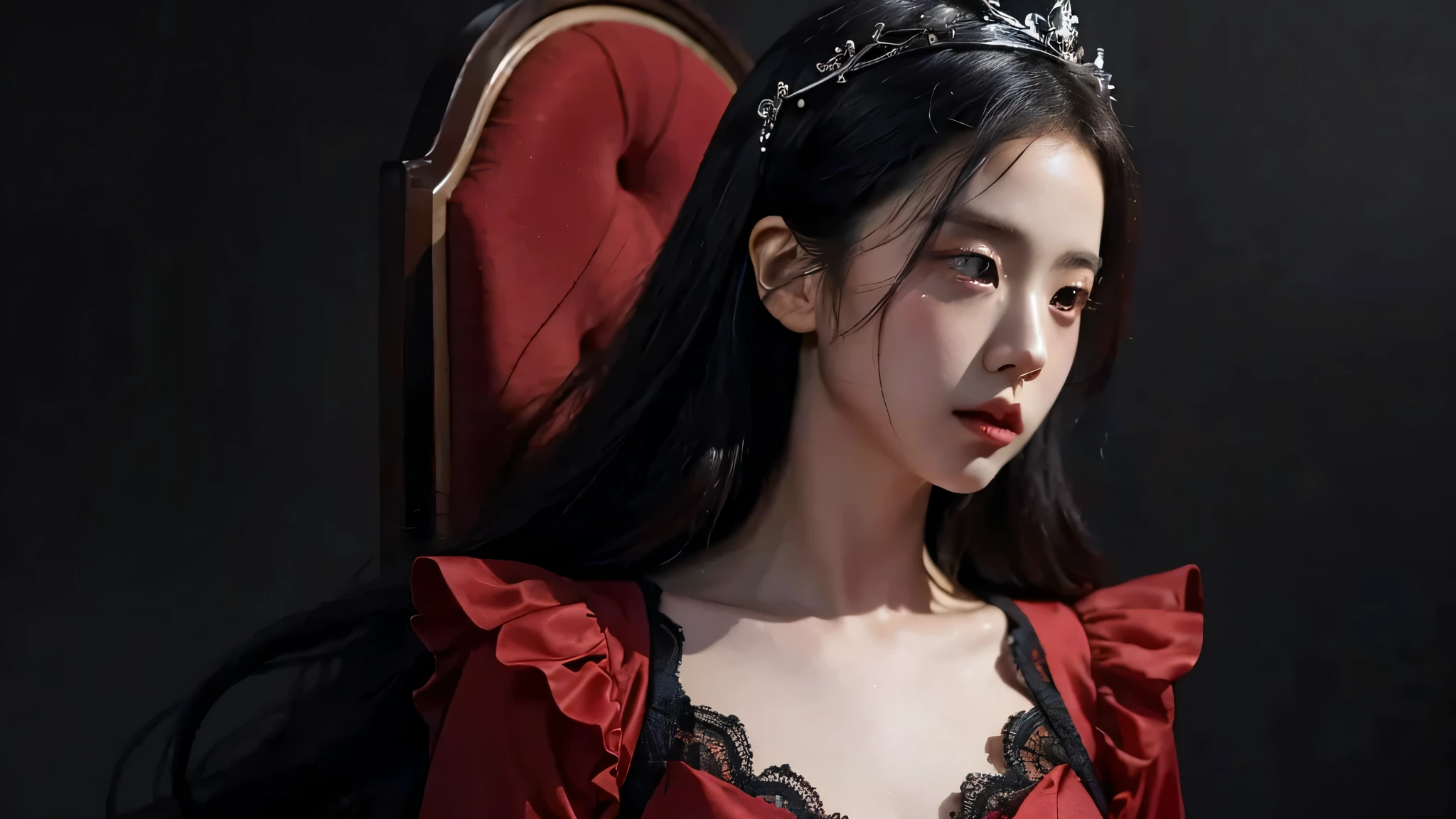 (best quality, highres:1.2, detailed-face, detailed eyes, detailed, mouth, perfect face, masterpiece), realistic, red dress, black hair, black eyes, asian face, red theme, hell fire room background, red princess, intense gaze, intense style, elegant posture, flowing dress, detailed facial features, long eyelashes, contrast, fine details, dramatic atmosphere, gothic style, intense emotions, monochrome color palette, captivating setting, haunting beauty, artistic photography, everything is red