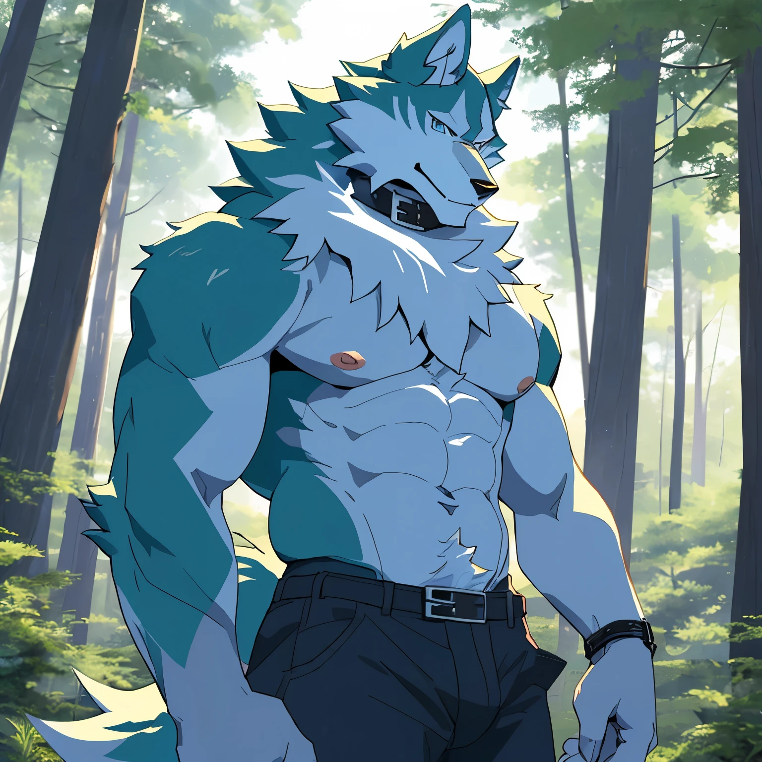 (masterpiece, ultra detailed, best quality), wolf, Furry, Cyan skin, white chest, nipple, looking at viewer, forest background, forest scenery, sexy face, pants, shirtless, shirou ogami