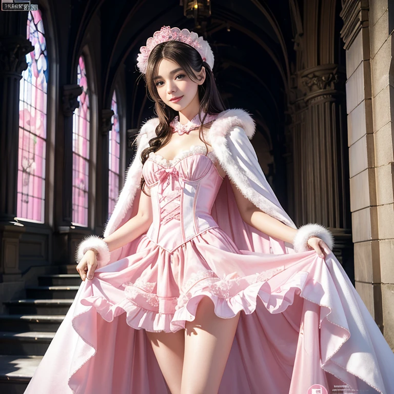 Beldel，Photo of a woman standing outside，Winters，Castle，staircase，Blue eyes，Long eyelashes，(Pink Lolita costume:1.2)，（Detailed face），softl smile，detailed iris，Slim waist，Long slender legs，Detailed eyes，full bodyesbian，Film Particle，Natural skin texture，(Thick white fur long cloak，Cover with snow)
