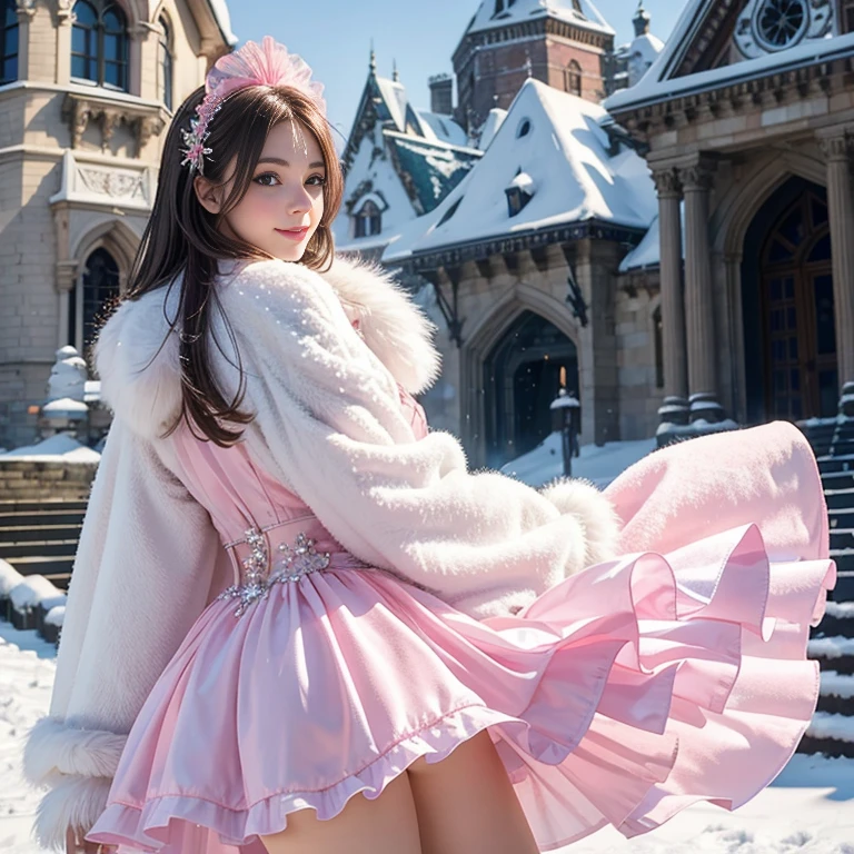 Beldel,Photo of a woman standing outside,Winters,Castle,staircase,Blue eyes,Long eyelashes,(Pink ta costume:1.2),(Detailed face),softl smile,detailed iris,Slim waist,Long slender legs,Detailed eyes,full bodyesbian,Film Particle,Natural skin texture,(Thick white fur long cloak,Cover with snow)