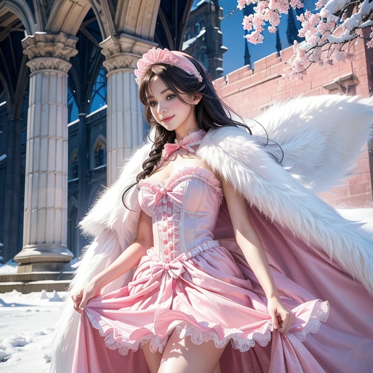 Beldel，Photo of a woman standing outside，Winters，Castle，staircase，Blue eyes，Long eyelashes，(Pink Lolita costume:1.2)，（Detailed face），softl smile，detailed iris，Slim waist，Long slender legs，Detailed eyes，full bodyesbian，Film Particle，Natural skin texture，(Thick white fur long cloak，Cover with snow)