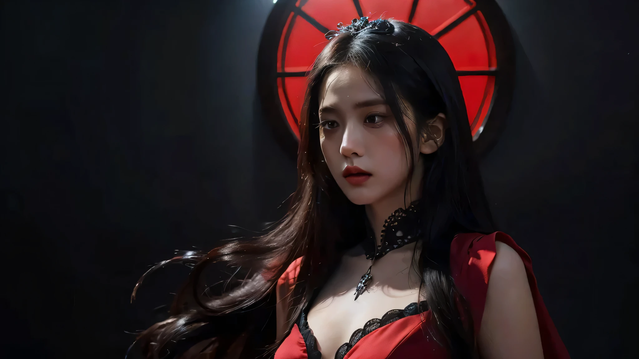 (best quality, highres:1.2, detailed-face, detailed eyes, detailed, mouth, perfect face, masterpiece), realistic, red dress, black hair, black eyes, asian face, red theme, hell fire room background, red princess, intense gaze, intense style, elegant posture, flowing dress, detailed facial features, long eyelashes, contrast, fine details, dramatic atmosphere, gothic style, intense emotions, monochrome color palette, captivating setting, haunting beauty, artistic photography, everything is red