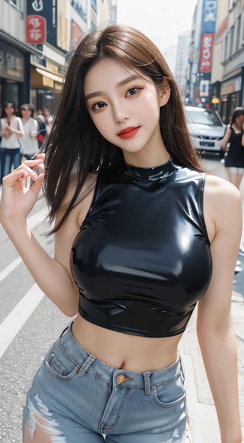  (The background is blurry), 1 girl, (19 years old, 한국 1 girl:1.2), alone, Beautiful girl from Korea, (white latex skin: 1.3), clean face, (slim body), (healthy body), attractive body, Abs, long neck, tall, (big bust:1.2), (Magic), straight hair, soft hair. flawless skin, shiny lips, narrow waist and wide pelvis, (sharp and small face), Round Eyeline, (Long and beautiful eyelashes), (Open your lips), ((beautiful face)), big eyes, double eyelid, flushing, red lips, fragile face, real skin, happy face, (11번 Abs), ((big bust)), apple butt, laugh, Cute face, long neck, narrow shoulders, laugh, (((white short sleeveless:tight ripped jeans) ))), red sneakers, (dynamic pose), Getting on foot, (Jam-sil, seoul, busy street), 