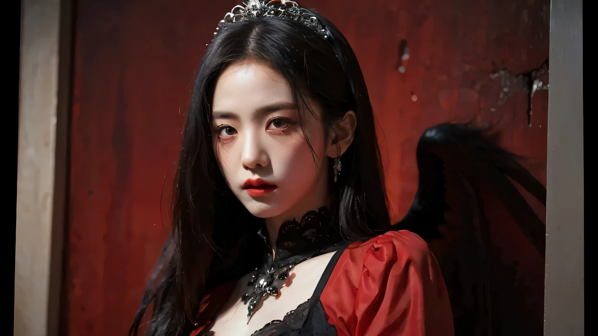 (best quality, highres:1.2, detailed-face, detailed eyes, detailed, mouth, perfect face, masterpiece), realistic, red dress, black hair, black eyes, asian face, red theme, hell fire room background, red princess, intense gaze, intense style, elegant posture, flowing dress, detailed facial features, long eyelashes, contrast, fine details, dramatic atmosphere, gothic style, intense emotions, monochrome color palette, captivating setting, haunting beauty, artistic photography, everything is red