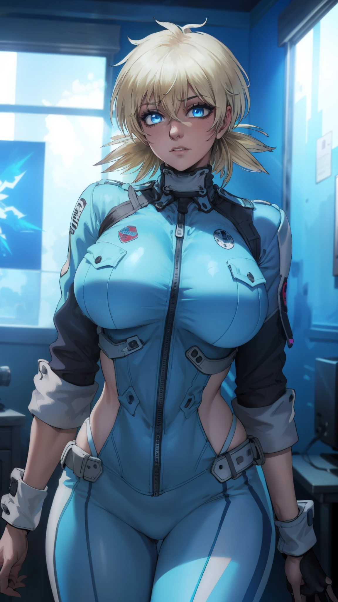 (masterpiece, highest quality, best quality, official art, beautiful and aesthetic: 1.2), (1girl), extremely detailed, (fractal art: 1.3), colorful, highest detailed, perfect face, upper body, HDR, ), vivid visual effects, (dynamic stripes, luminous traces: 1.2),, breast focus, breasts, large breasts, bare breasts, naked, nude, boob window, sexy, wide hips, thicc figure, Detailed blue eyes, Detailed face, Detailed eyes, perfect face, perfect eyes, wearing blue bodysuit