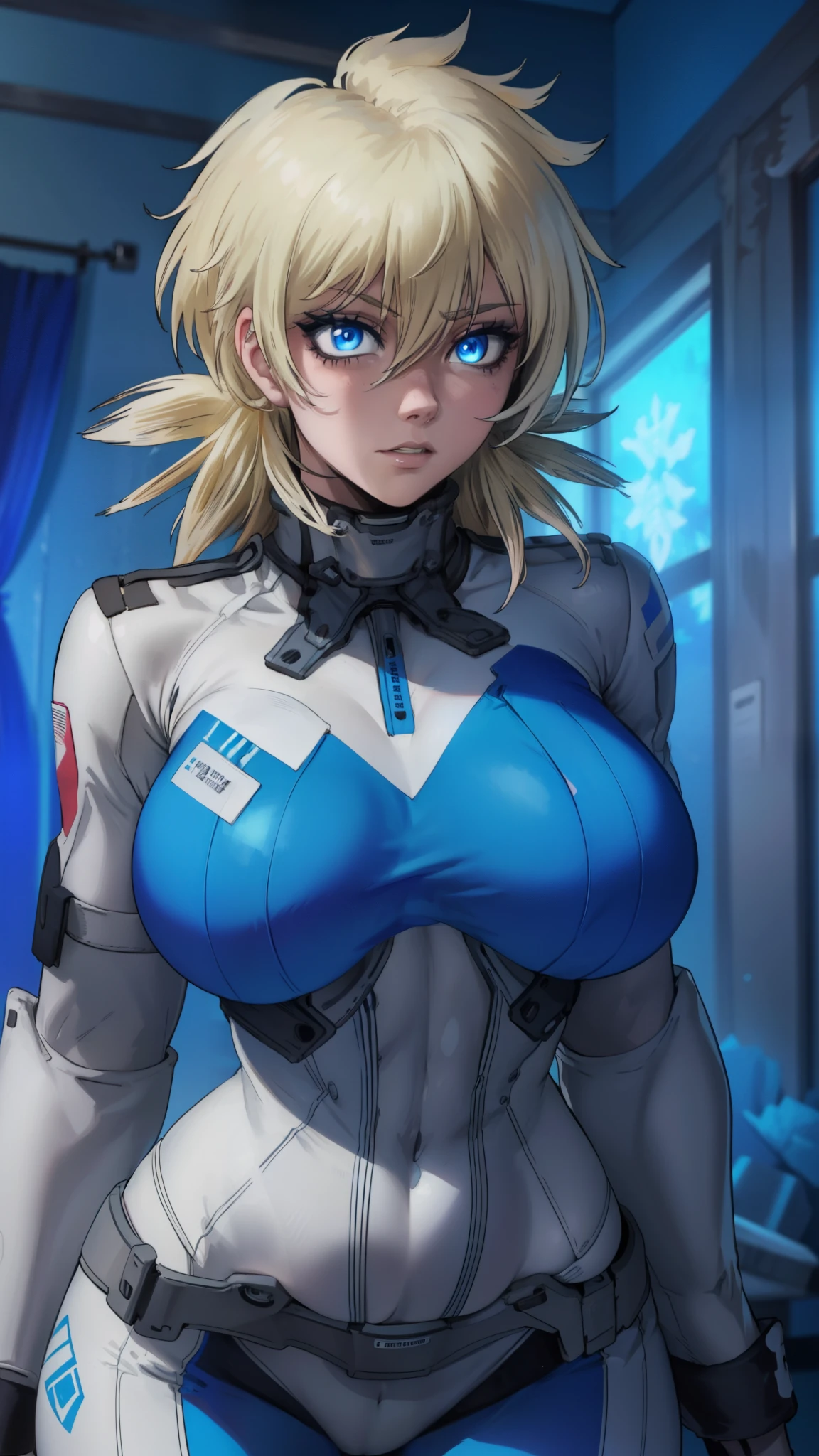 (masterpiece, highest quality, best quality, official art, beautiful and aesthetic: 1.2), (1girl), extremely detailed, (fractal art: 1.3), colorful, highest detailed, perfect face, upper body, HDR, ), vivid visual effects, (dynamic stripes, luminous traces: 1.2),, breast focus, breasts, large breasts, bare breasts, naked, nude, boob window, sexy, wide hips, thicc figure, Detailed blue eyes, Detailed face, Detailed eyes, perfect face, perfect eyes, wearing blue bodysuit