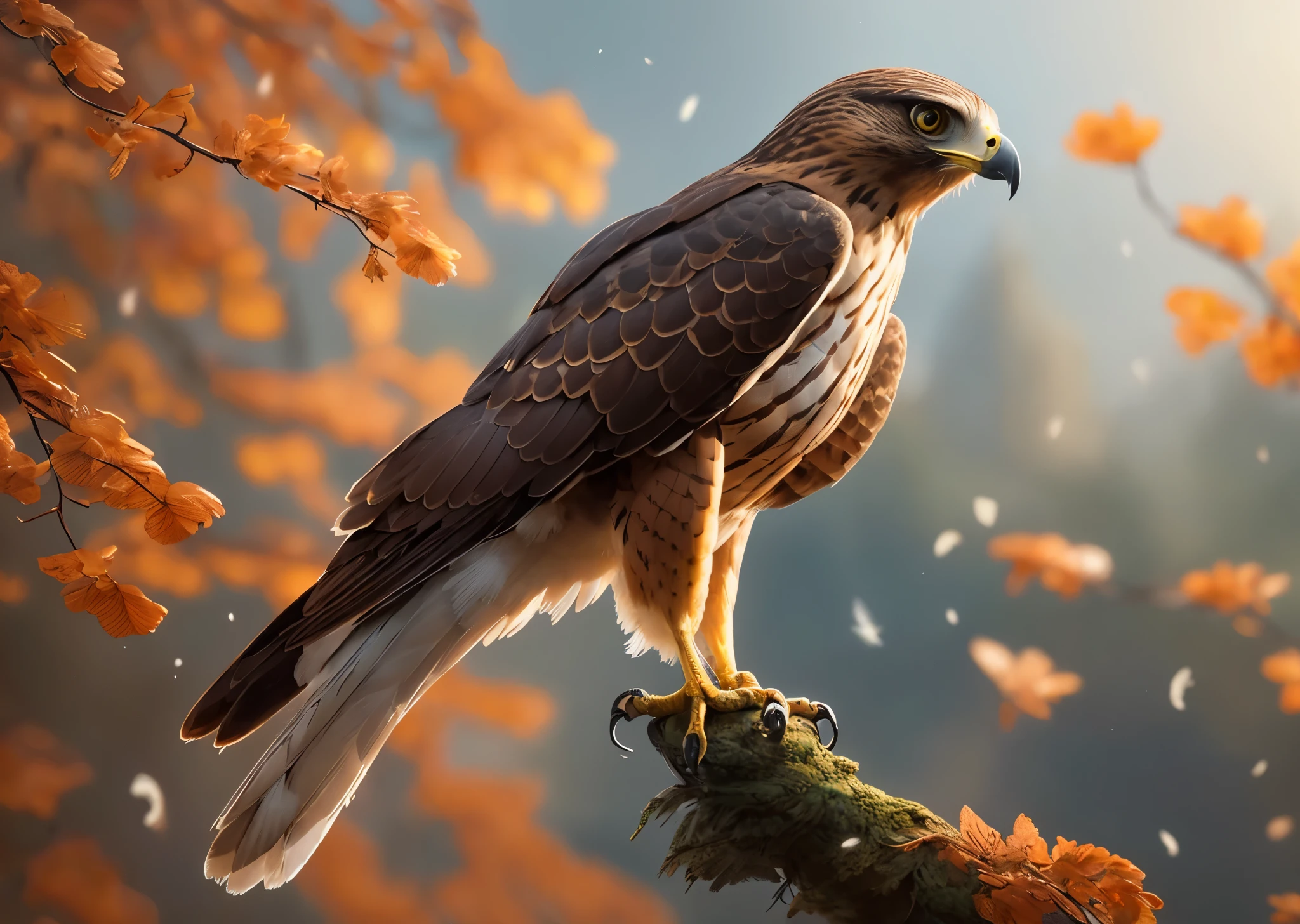 An image of a hawk and a nightingale, realistically captured in stunning high definition. The scene should be bathed in the gentle, natural light of the outdoors, emphasizing the intricate details of both birds. The style should be in line with ArtStation trends, combining realism with an appreciation for the beauty of nature, 3D, 4K, Miki Asai Macro photography, close-up, hyper detailed, trending on artstation, sharp focus, studio photo, intricate details, highly detailed, by greg rutkowski