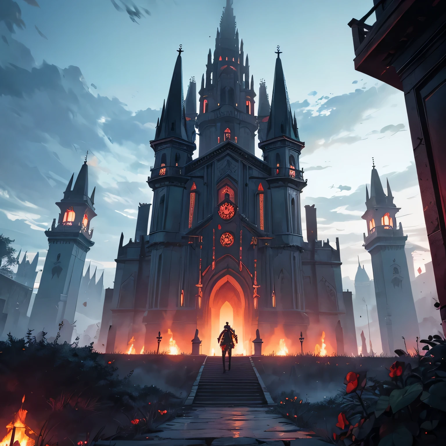 Several red towers, a black sky with red thunder, plantas mortas ao entorno das torres, several skeletons nearby