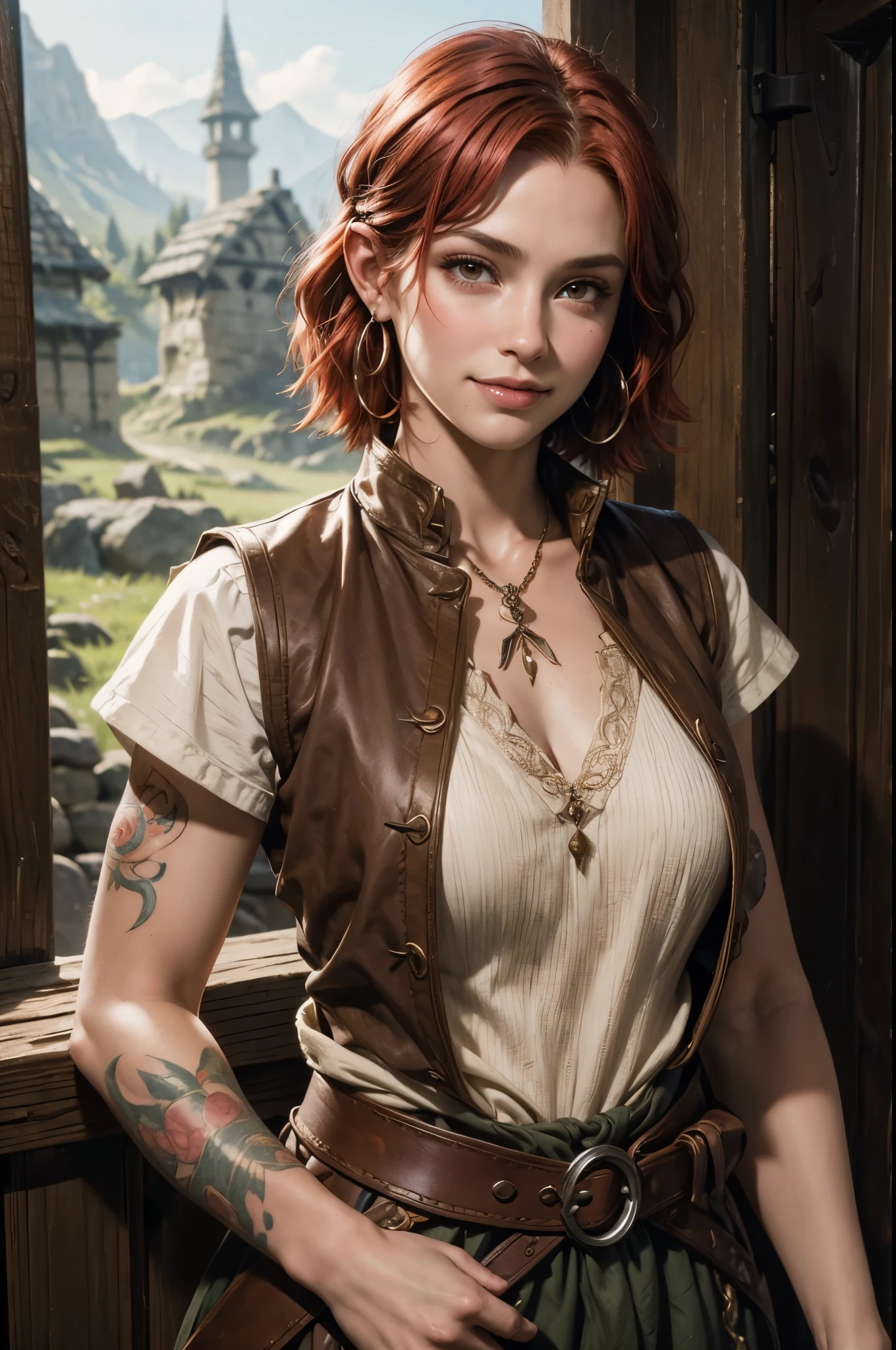 medieval, realistic, 25 years female, clear skin, (red hair, short hair, slight waves hair, shaved hair on the sides), earrings, small breasts, (brown eyes, thin eyebrows, smiley expression, big nose, full mouth, blush), tattoo on arms, ranger, (tavern keeper clothes, brown and white vest), rpg character, lord of the rings style, dungeons and dragons style, waist and head image