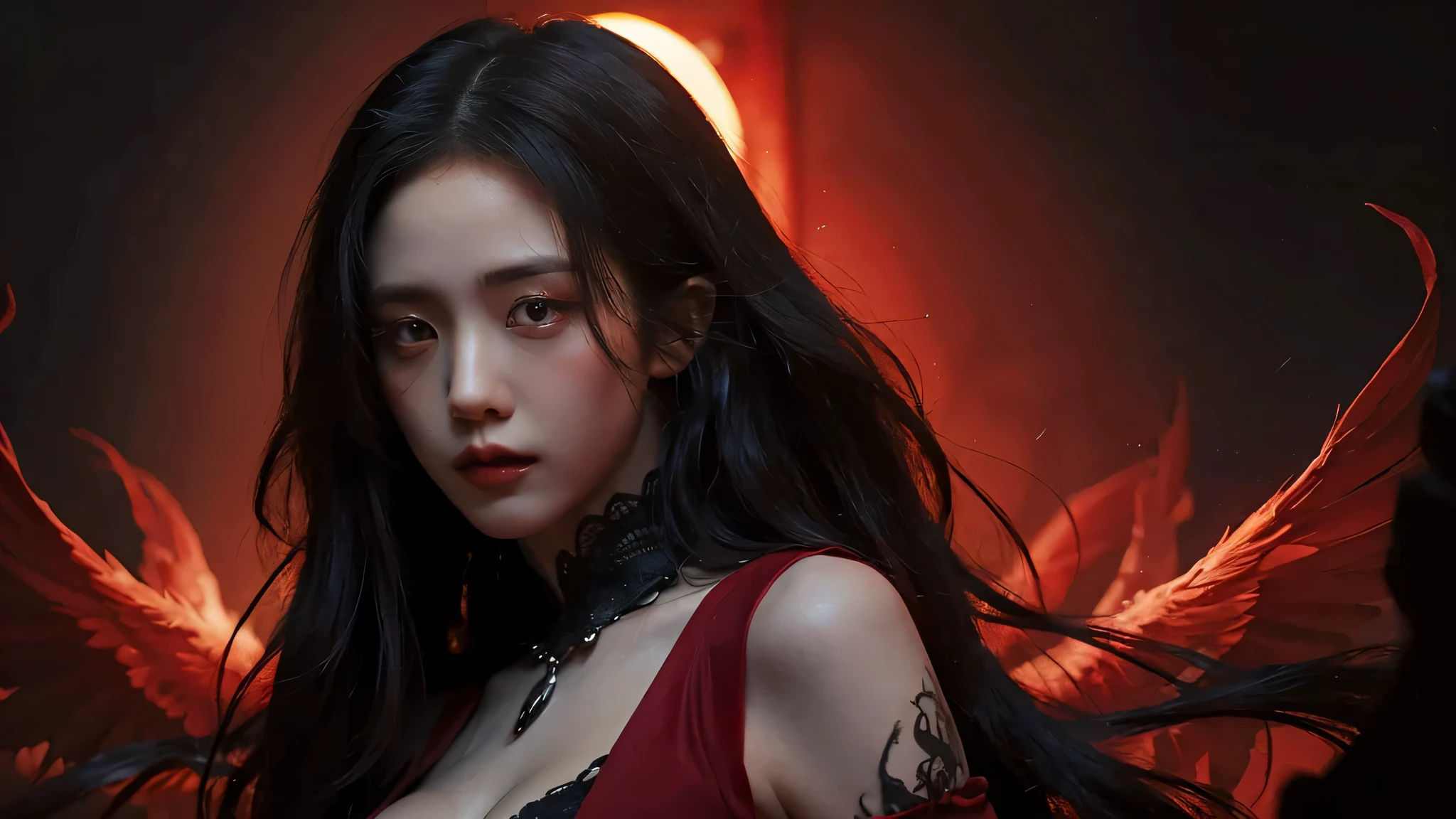 (best quality, highres:1.2, detailed-face, detailed eyes, detailed, mouth, perfect face, masterpiece), realistic, red dress, black hair, black eyes, asian face, red theme, hell fire room background, red princess, intense gaze, intense style, elegant posture, flowing dress, detailed facial features, long eyelashes, contrast, fine details, dramatic atmosphere, gothic style, intense emotions, monochrome color palette, captivating setting, haunting beauty, artistic photography, everything is red