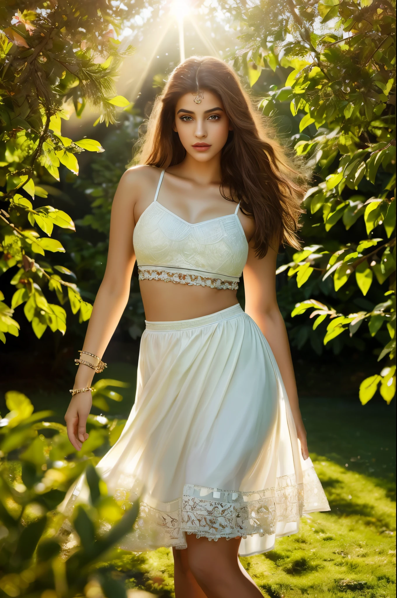 a beautifull girl ,24-year-old Arabic woman , big brown eyes , 1girl, graceful body structure, from front, looking at viewer, detailed background, The upper part of the body))，dynamicposes，On a green meadow，A gentle goddess came with a gentle step。She wore a white dress，A gentle breeze blows，The skirt dances lightly。The sun shines through the leaves on her haiperfect viewpoint, highly detailed, Berber tattoo on her forehead ,modern elegance , sexy body, 4k photo  , soft lightning  , closeup view .