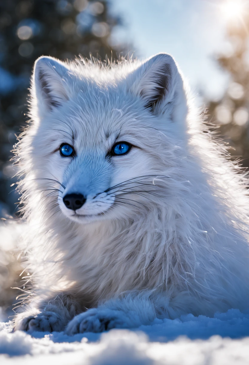 [(cold, snowy landscape:1.2) ::0.3], (masterwork:1.3), (arctic fox:1.2), thick white fur, fluffy tail, looking ahead, sitting, snowflakes in fur, (ice crystals:1.1), (winter forest:0.8), conifers, snowy ground, blue sky, clouds, sun rays, blue eyes, alert expression, arctic fox, aesthetic