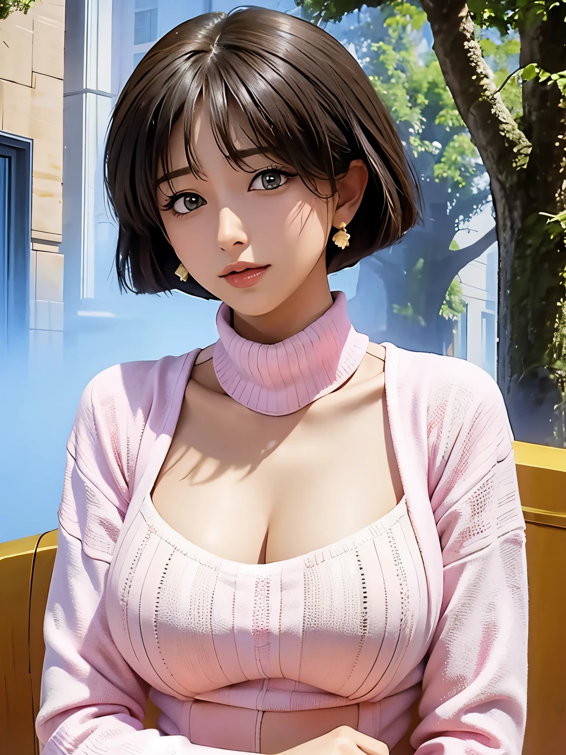 (masterpiece, best quality:1.2),Okita apricot pear, alone,,Eyes are exquisite and delicate,Exquisite hair color，( Wear a sexy sweater:1.2)，pastel tones，超big breasts,big breasts，large breast size，big breasts, Breasts very，pink lips