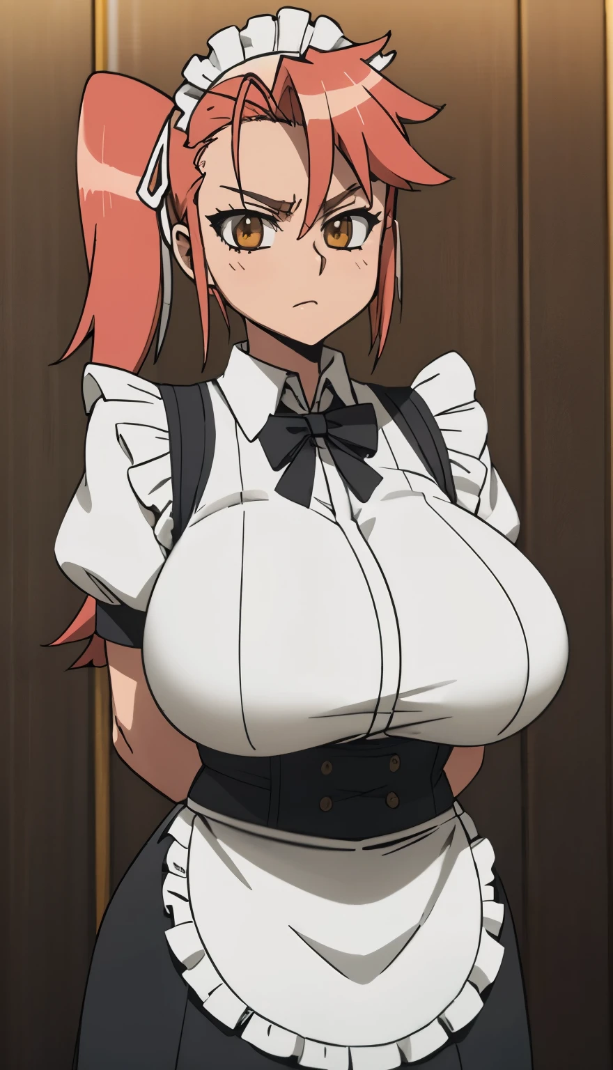 SFW, (maid clothes) (gigantic breasts, huge breasts, Big breast), firm breasts, slim waist, curvy figure, arms behind back, takagi saya