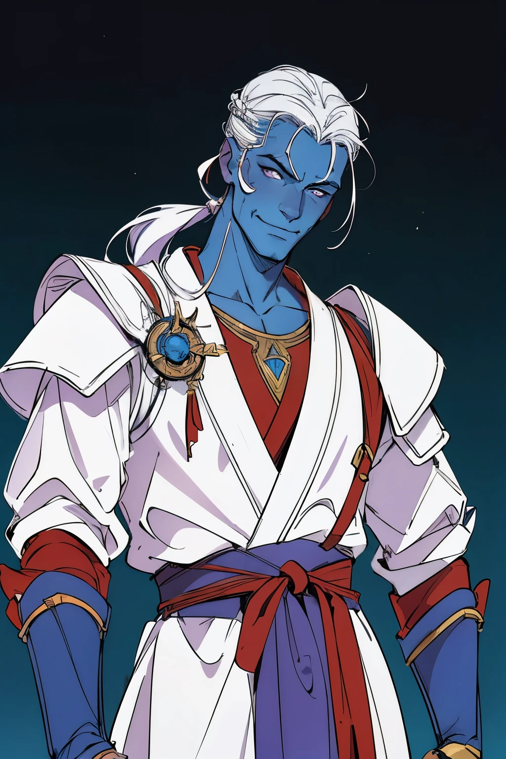 masterpiece:1.2, best quality, ultra detailed, absurdres, (action_shot), rugged older male, masculine, (blue_skin), archer, white_hair, shoulder length hair, 1male,male_focused, smile, elegant armor and purple_robes, bowman gear, warrior, in the style of  Kentaro Miura, fantasy, SCI-FI, fire background,