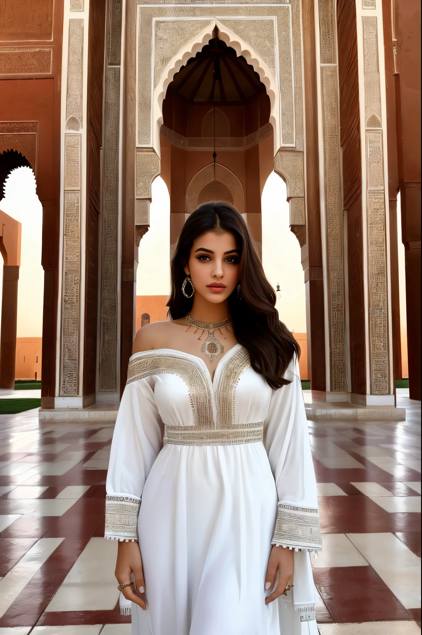 a beautifull girl ,24-year-old Arabic woman adorned in a Moroccan white dress, standing gracefully in front of a historic Moroccan monument ,big brown eyes , Berber tattoo on her forehead ,modern elegance , in front of the Morocco monument, sexy body