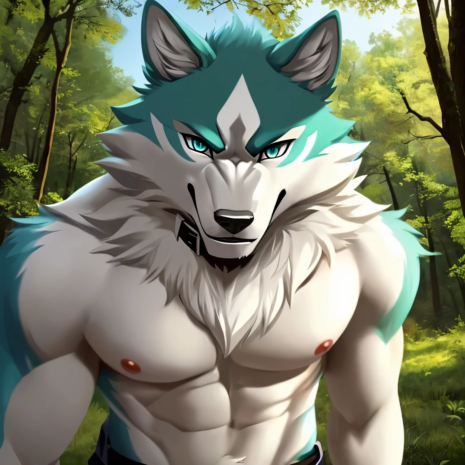 (Ultra Real), (illustration), (high resolution), (8K), (Muito detalhado), (Best illustration), (olhos detalhado) (melhor qualidade), (super detalhado), wolf, Furry, Cyan skin, white chest, nipple, looking at viewer, forest background, forest scenery, sexy face, pants, shirtless, shirou ogami, cyan eyes