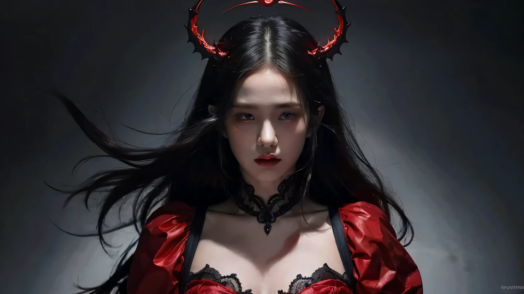 (best quality, highres:1.2, detailed-face, detailed eyes, detailed, mouth, perfect face, masterpiece), realistic, red dress, black hair, black eyes, asian face, red theme, hell fire room background, red princess, intense gaze, intense style, elegant posture, flowing dress, detailed facial features, long eyelashes, contrast, fine details, dramatic atmosphere, gothic style, intense emotions, monochrome color palette, captivating setting, haunting beauty, artistic photography, everything is red