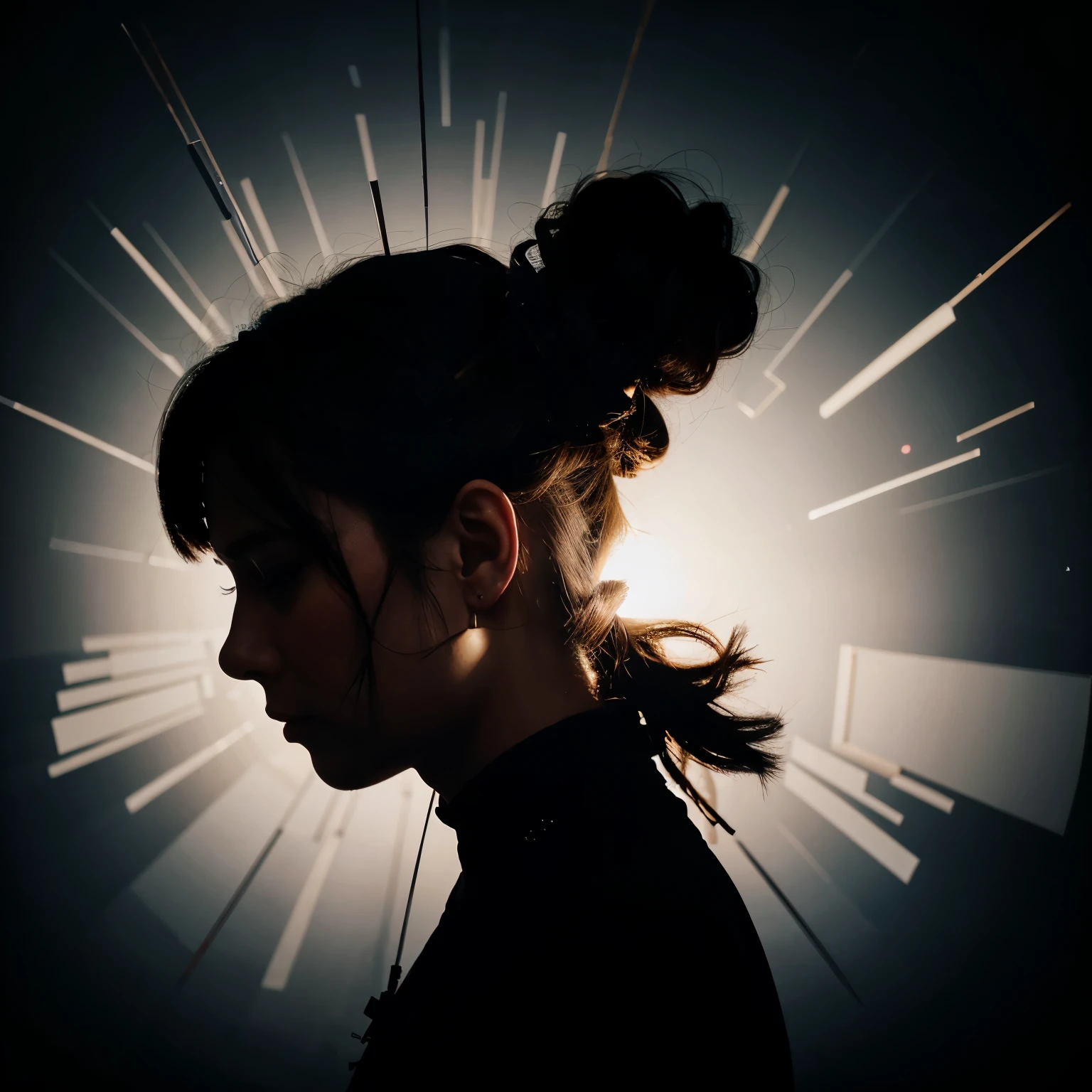 Profile silhouette with items sticking out of head, burst of creativity