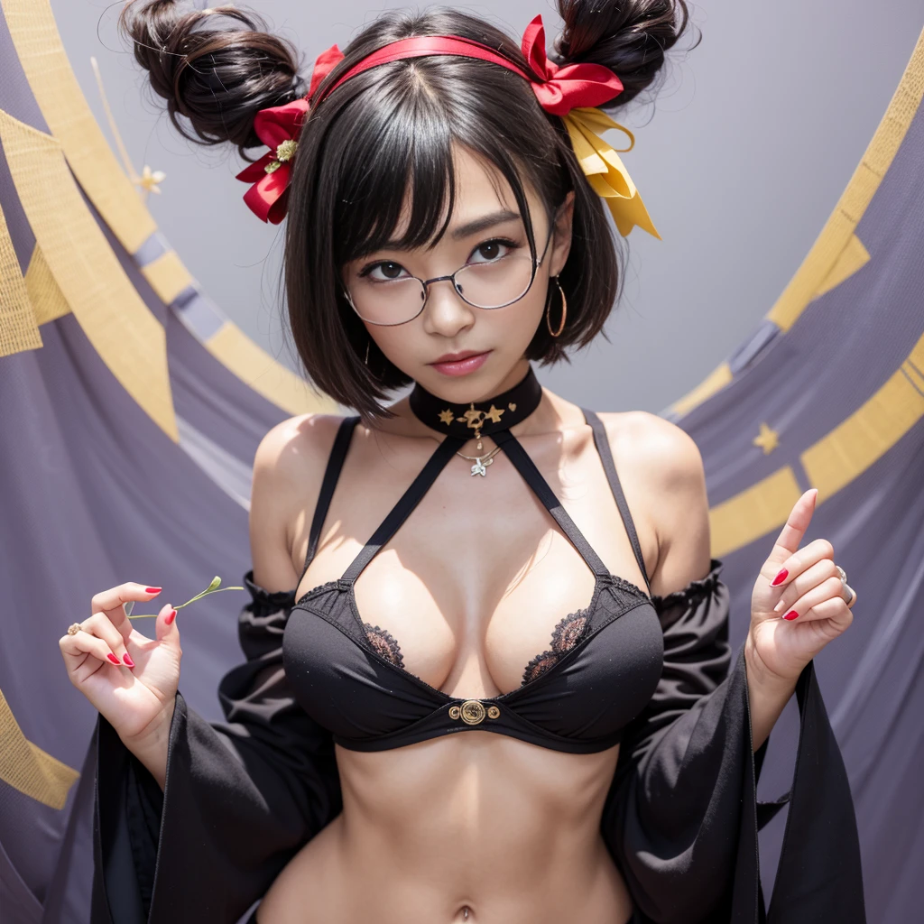 1girl, cute japanese girl, big eyes, sensual face, seductive smile, solo, short hair, , see through clothes, , flower headband, collar, collarbone, red sensual lips, off shoulder, perfect round , small , cleavage, underboobs, , , glasses, blush, seductive smile, cute face, looking at viewer,  pose, blue background, dark black hair, simple background,  pose, bright yellow eyes, lips, closed mouth, ribbon, hair ribbon, stellar earings, bangs, upper body, parted bangs, red ribbon