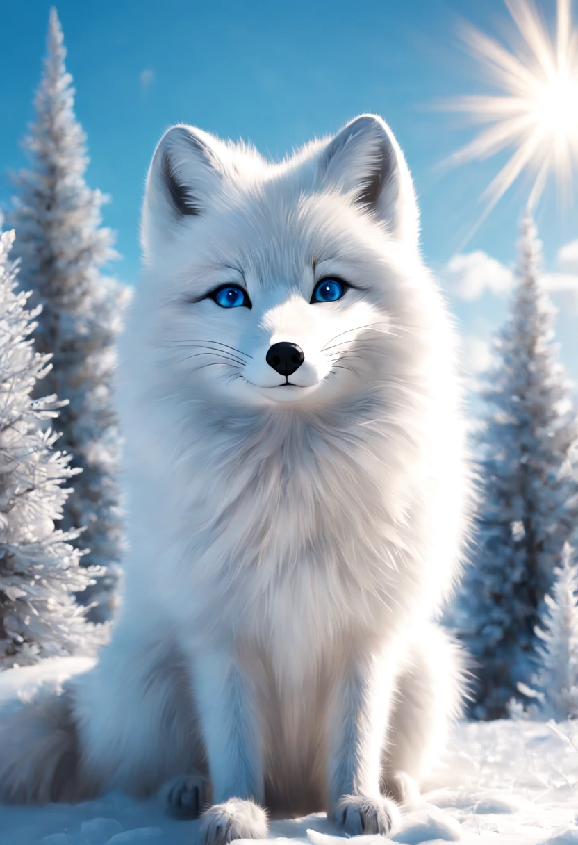 [(cold, snowy landscape:1.2) ::0.3], (masterwork:1.3), (arctic fox:1.2), thick white fur, fluffy tail, looking ahead, sitting, snowflakes in fur, (ice crystals:1.1), (winter forest:0.8), conifers, snowy ground, blue sky, clouds, sun rays, blue eyes, alert expression, arctic fox, aesthetic