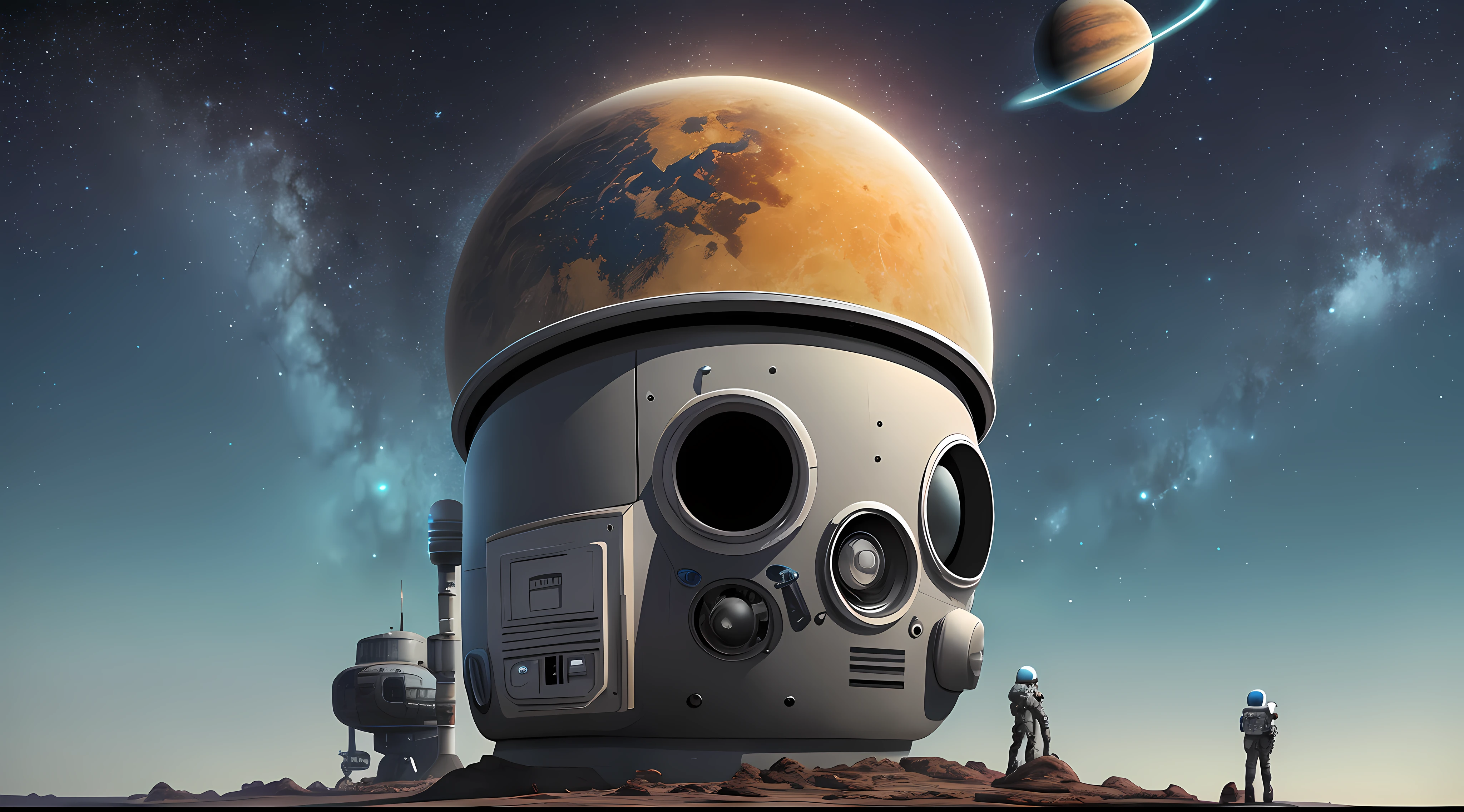 there is an Astronut standing on a rock looking at planets, sci-fi digital art, sci-fi digital art illustration, beeple art, sci - fi illustrations, sci-fi illustrations, sci fi art, science fiction art, realism | beeple, epic surrealism 8k oil painting, beeple and tim hildebrandt, sci-fi art