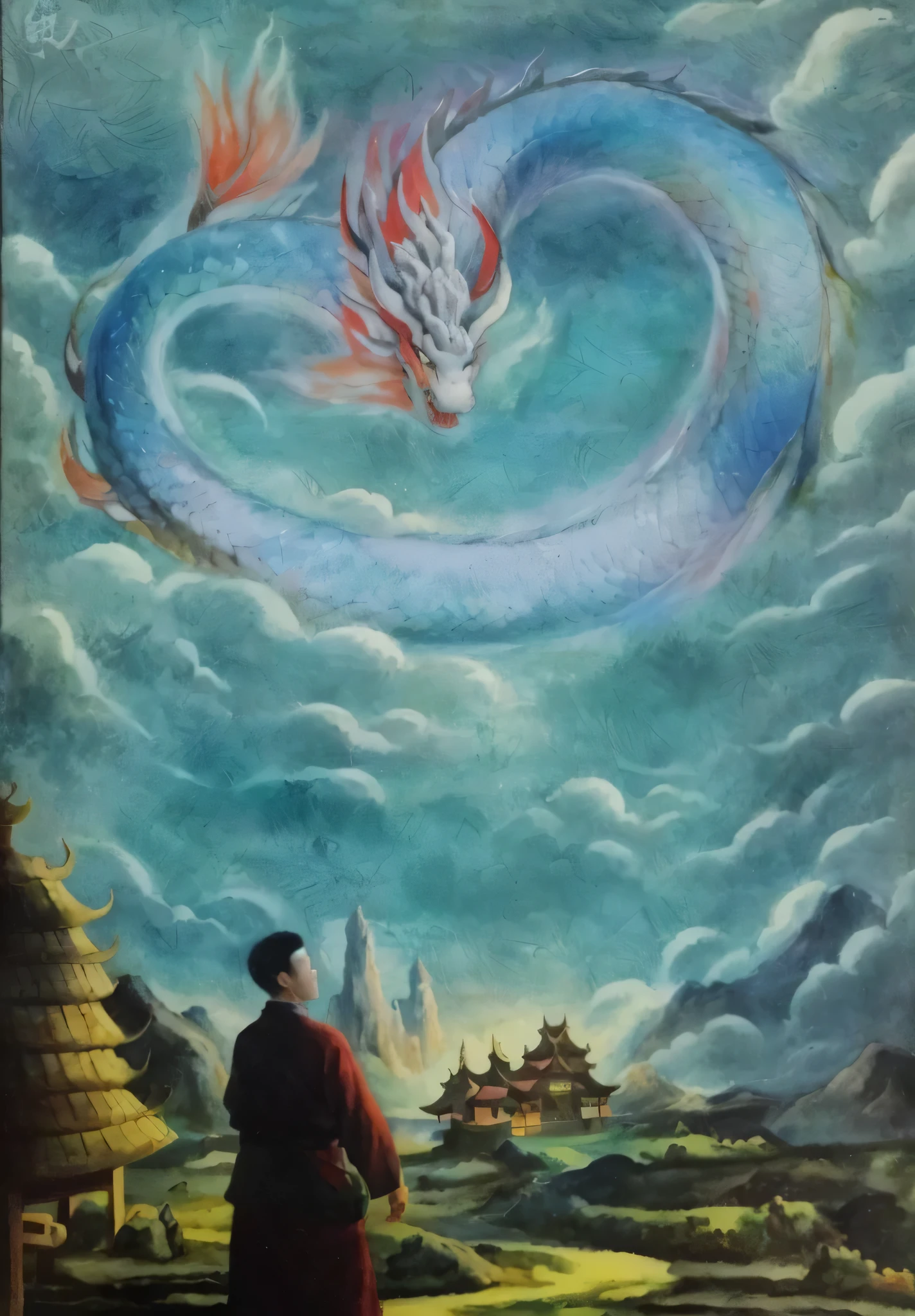 painting of a man standing in front of a painting of a dragon, chinese surrealism, dragon in the sky, inspired by Tosa Mitsuoki, inspired by Ren Xun, by Ju Lian, akira from chinese mythology, by Wen Boren, inspired by Yang Buzhi, chinese fantasy, inspired by Li Rongjin, by Ren Renfa, by Li Zai
